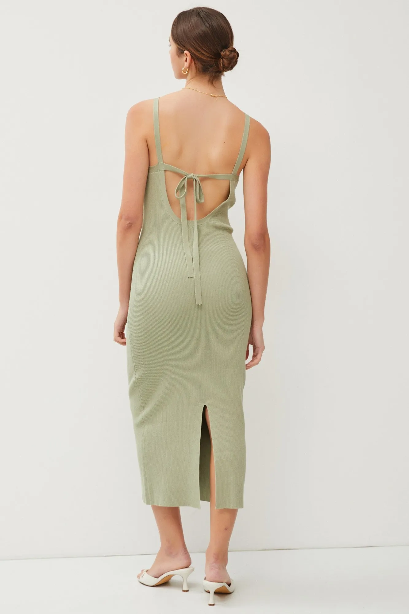 Light Olive Knit Open Tie Back Midi Dress sold by Pinkblush product image thumbnail 3