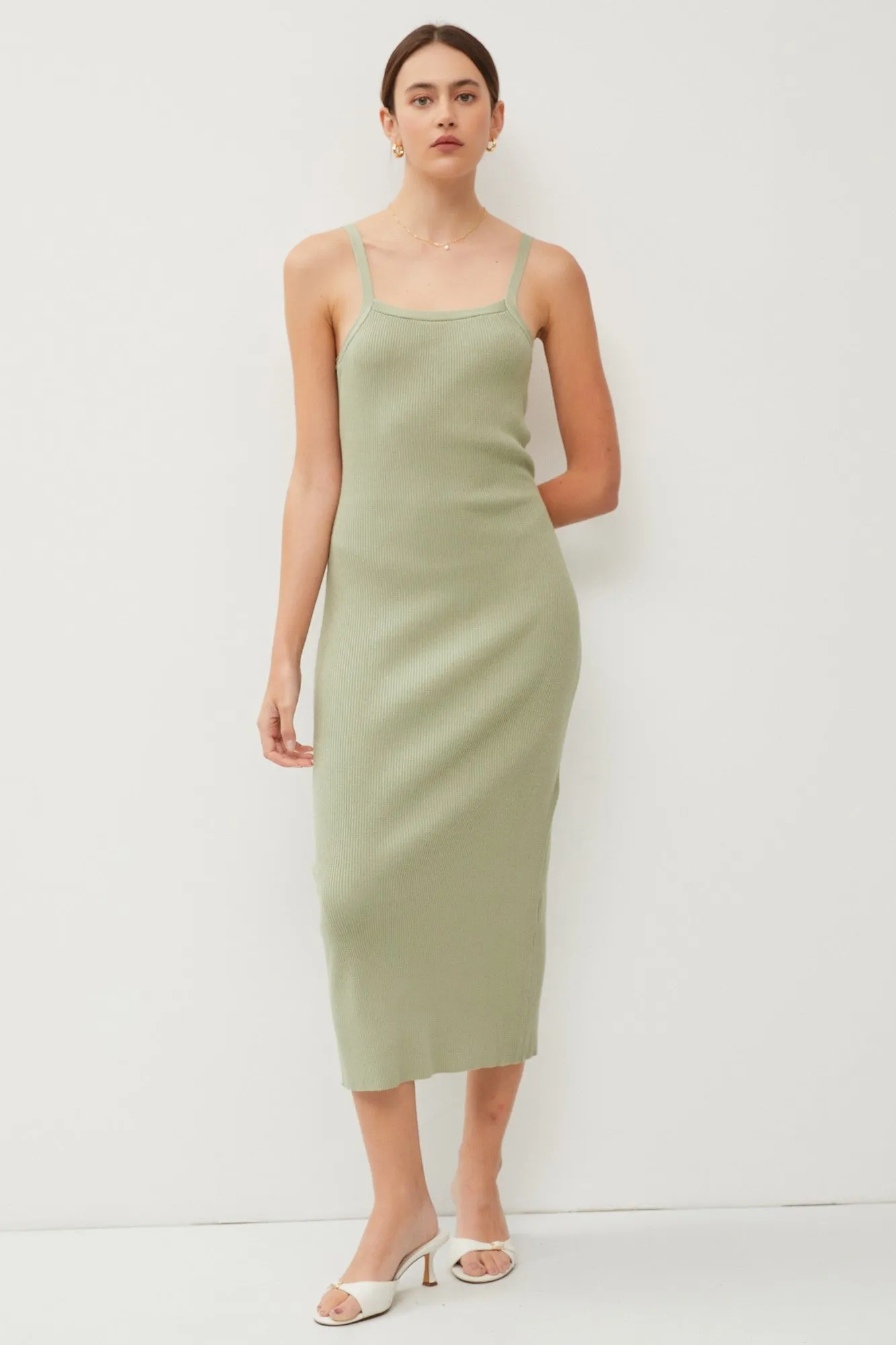 Light Olive Knit Open Tie Back Midi Dress sold by Pinkblush