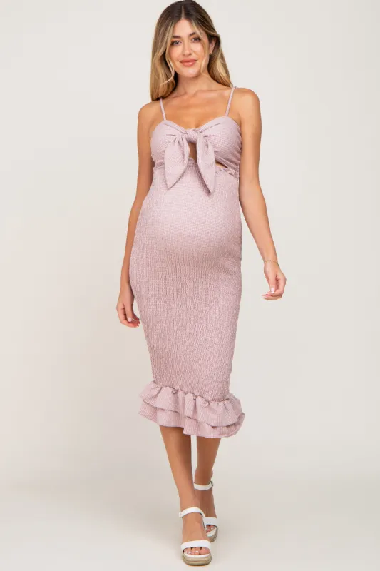 Mauve Gingham Print Smocked Fitted Self-Tie Maternity Midi Dress sold by Pinkblush