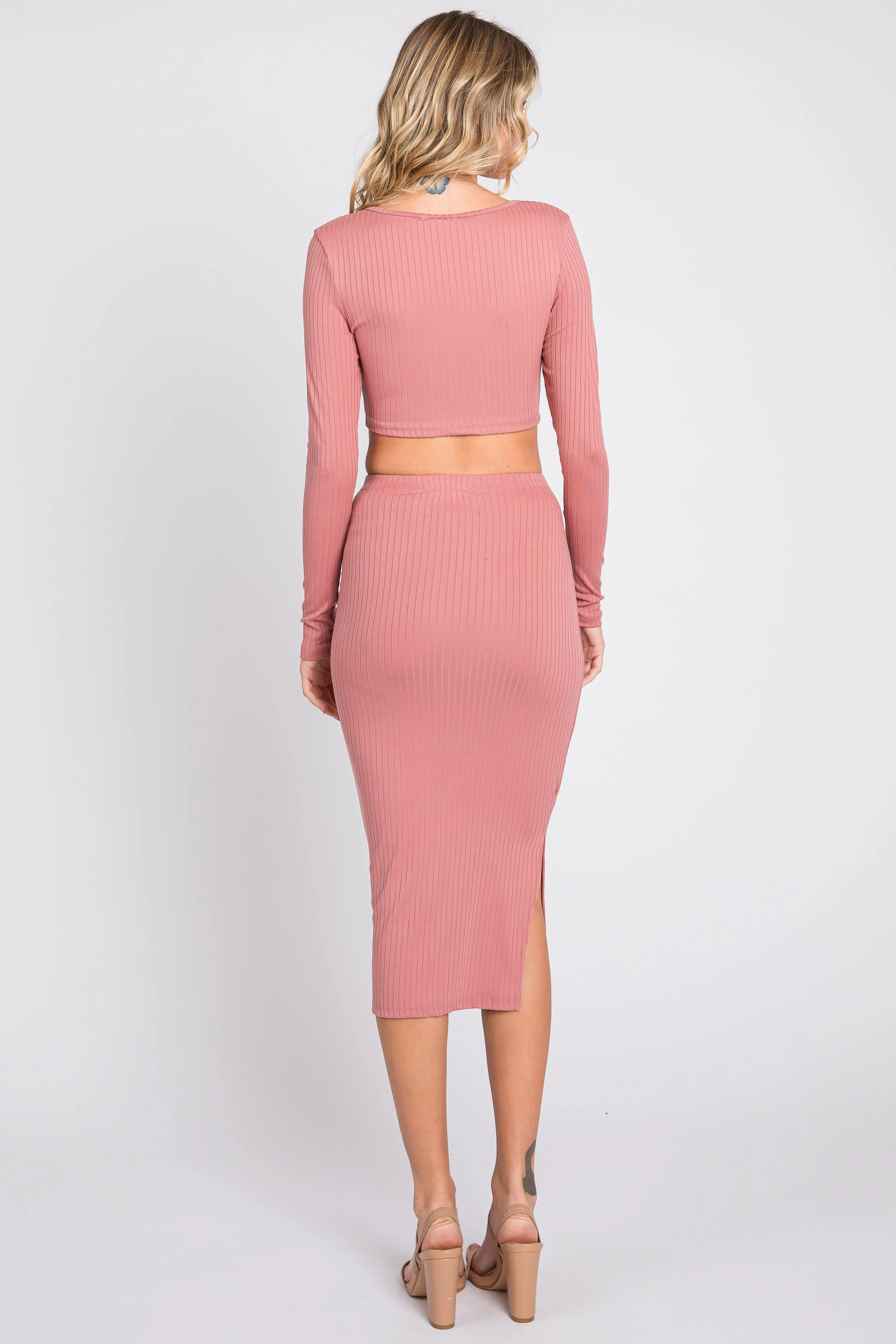 Mauve Ribbed Crop Top Midi Skirt Set sold by Pinkblush product image thumbnail 3