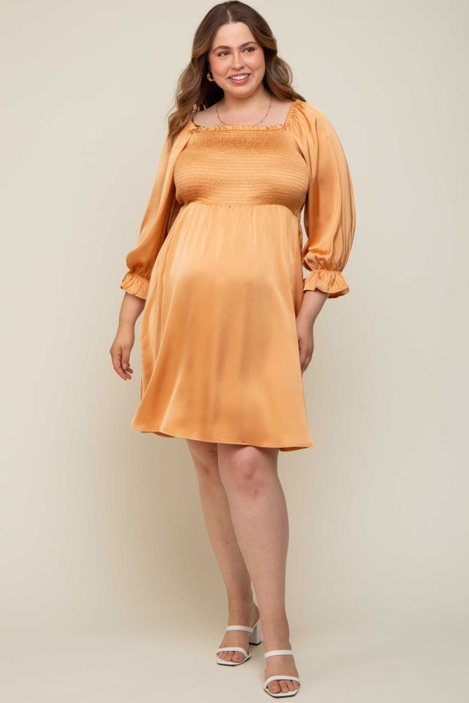 Camel Satin Smocked Square Neck Maternity Plus Dress sold by Pinkblush product image thumbnail 4