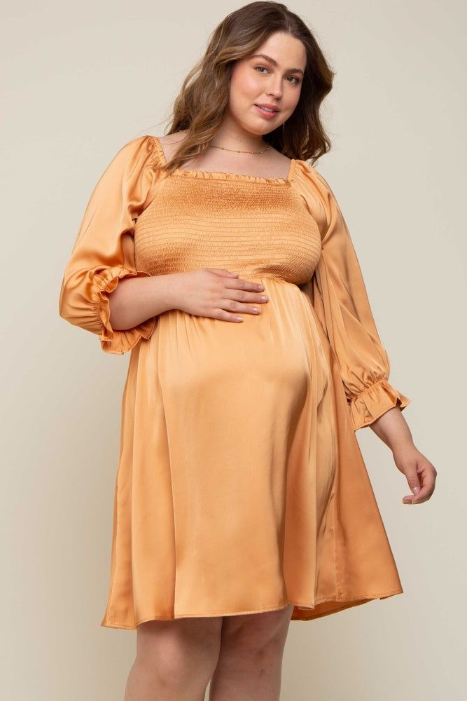 Camel Satin Smocked Square Neck Maternity Plus Dress sold by Pinkblush