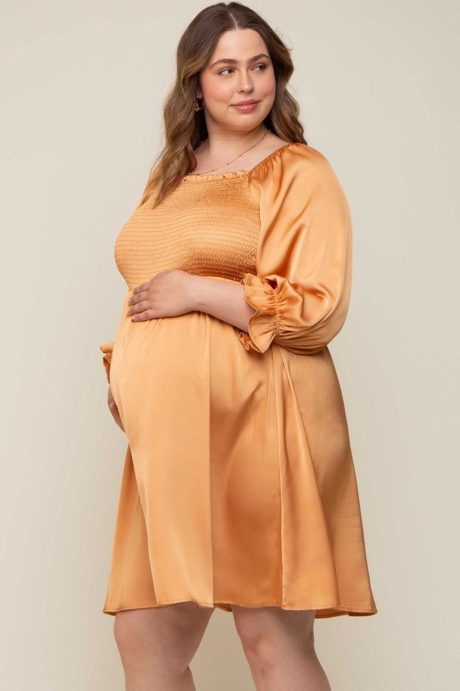Camel Satin Smocked Square Neck Maternity Plus Dress sold by Pinkblush product image thumbnail 2