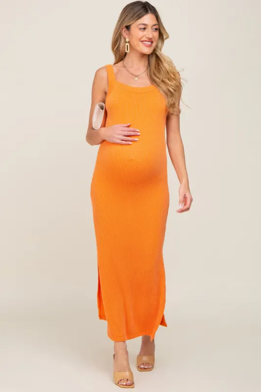Orange Rib Knit Side Slit Maternity Maxi Dress sold by Pinkblush