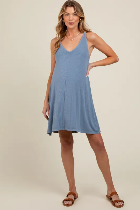 Blue Ribbed Sleeveless Front Seam Maternity Dress sold by Pinkblush