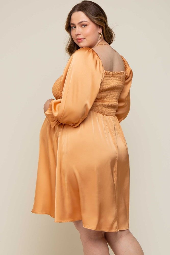 Camel Satin Smocked Square Neck Maternity Plus Dress sold by Pinkblush product image thumbnail 3