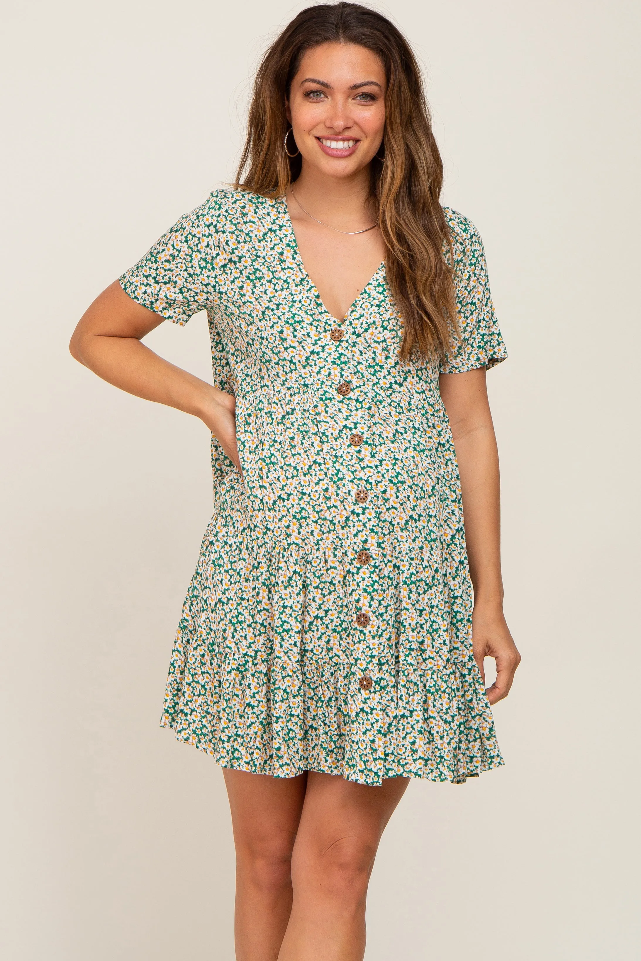 Green Floral Button Down Tiered Maternity Dress sold by Pinkblush