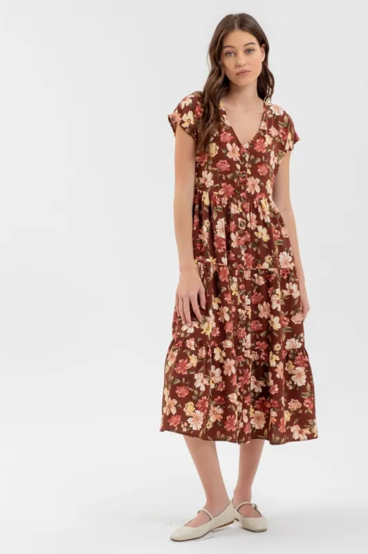 Burgundy Multi Button Down Tiered Floral V Neck Midi Dress sold by Pinkblush