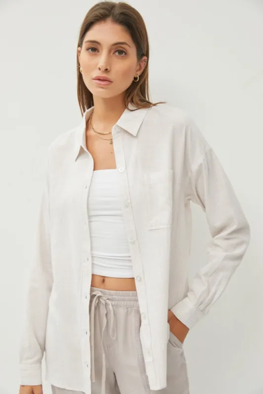 Beige Striped Basic Button Down Top sold by Pinkblush