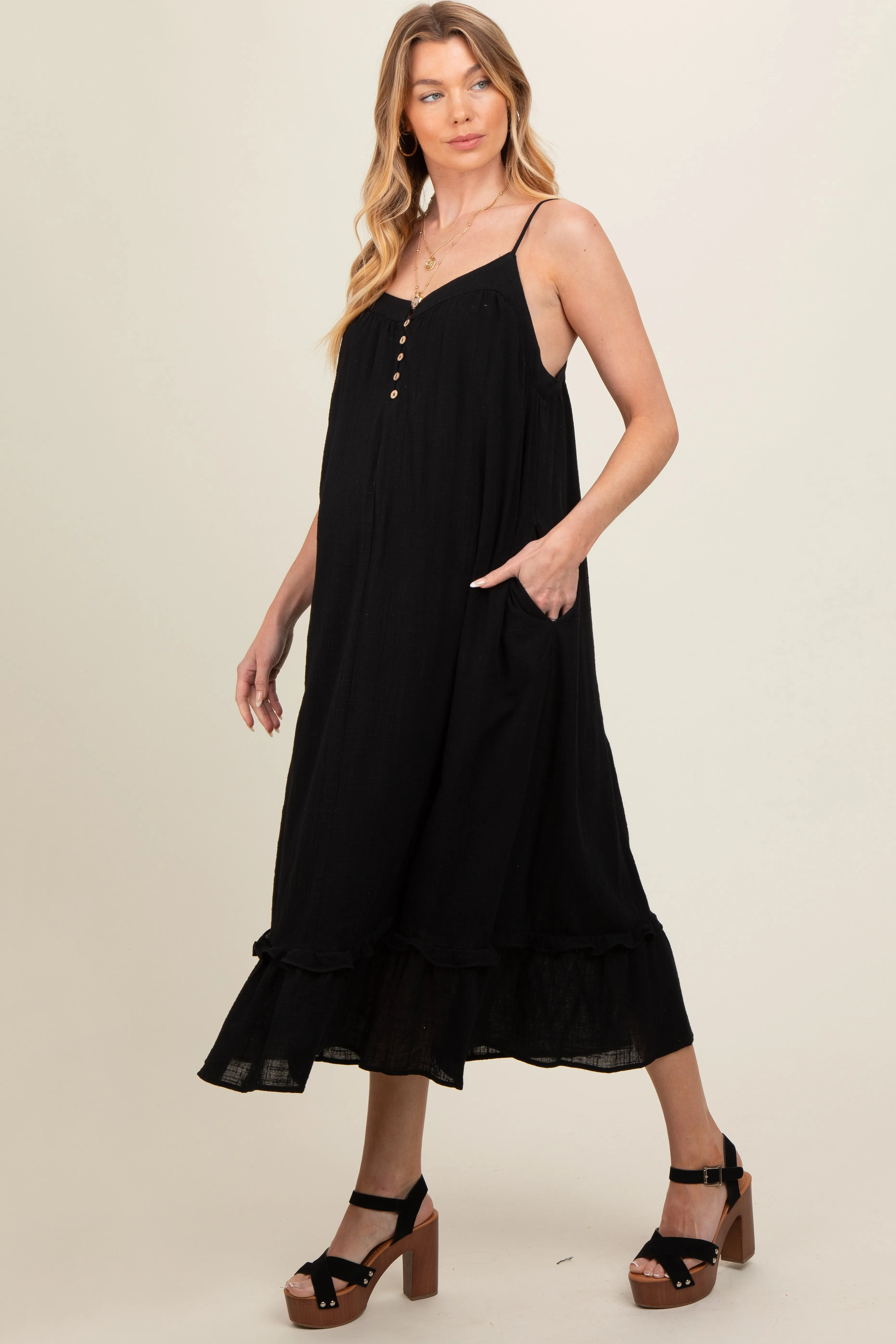 Black Button Front Pocketed Maternity Midi Dress sold by Pinkblush product image thumbnail 4