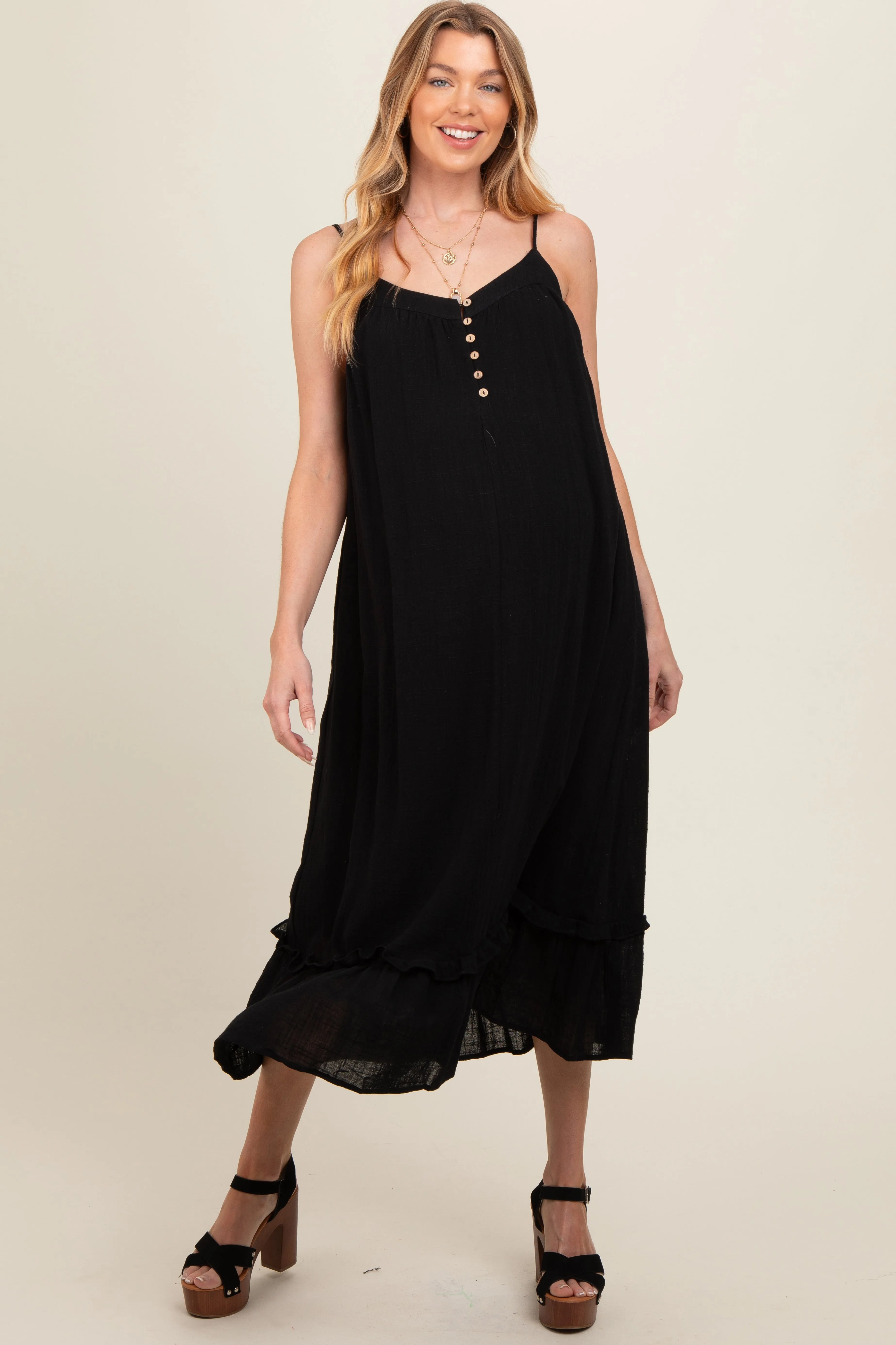 Black Button Front Pocketed Maternity Midi Dress sold by Pinkblush