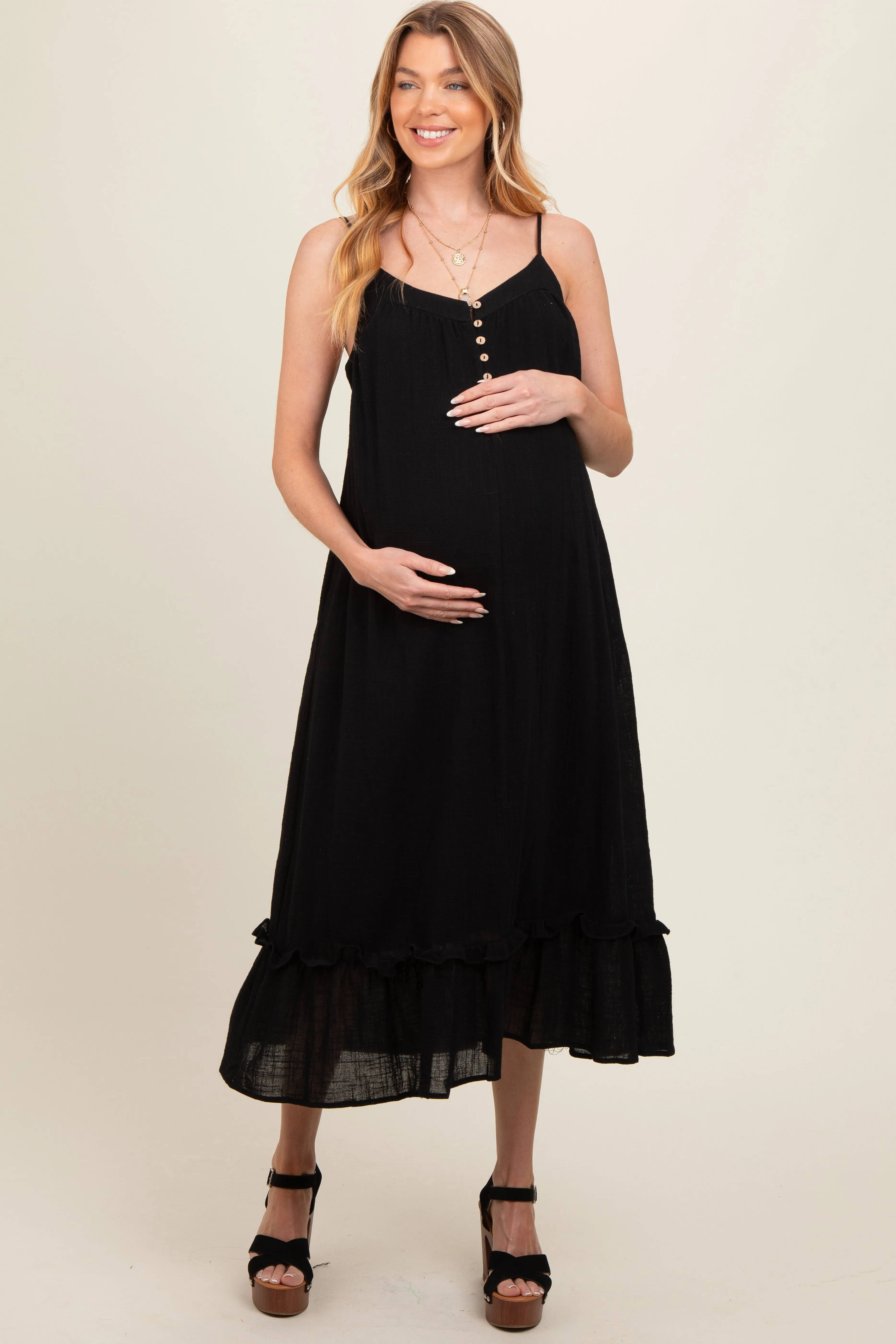 Black Button Front Pocketed Maternity Midi Dress sold by Pinkblush product image thumbnail 2