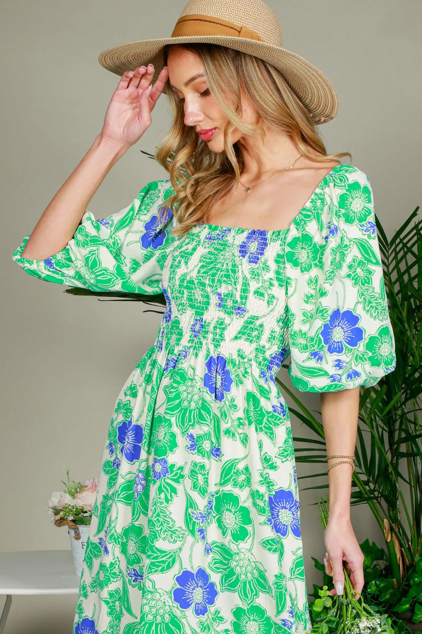 Green Floral Smocked Square Neck Midi Dress sold by Pinkblush