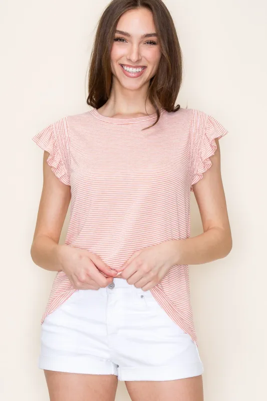 Orange Striped Ruffle Smocked Top sold by Pinkblush