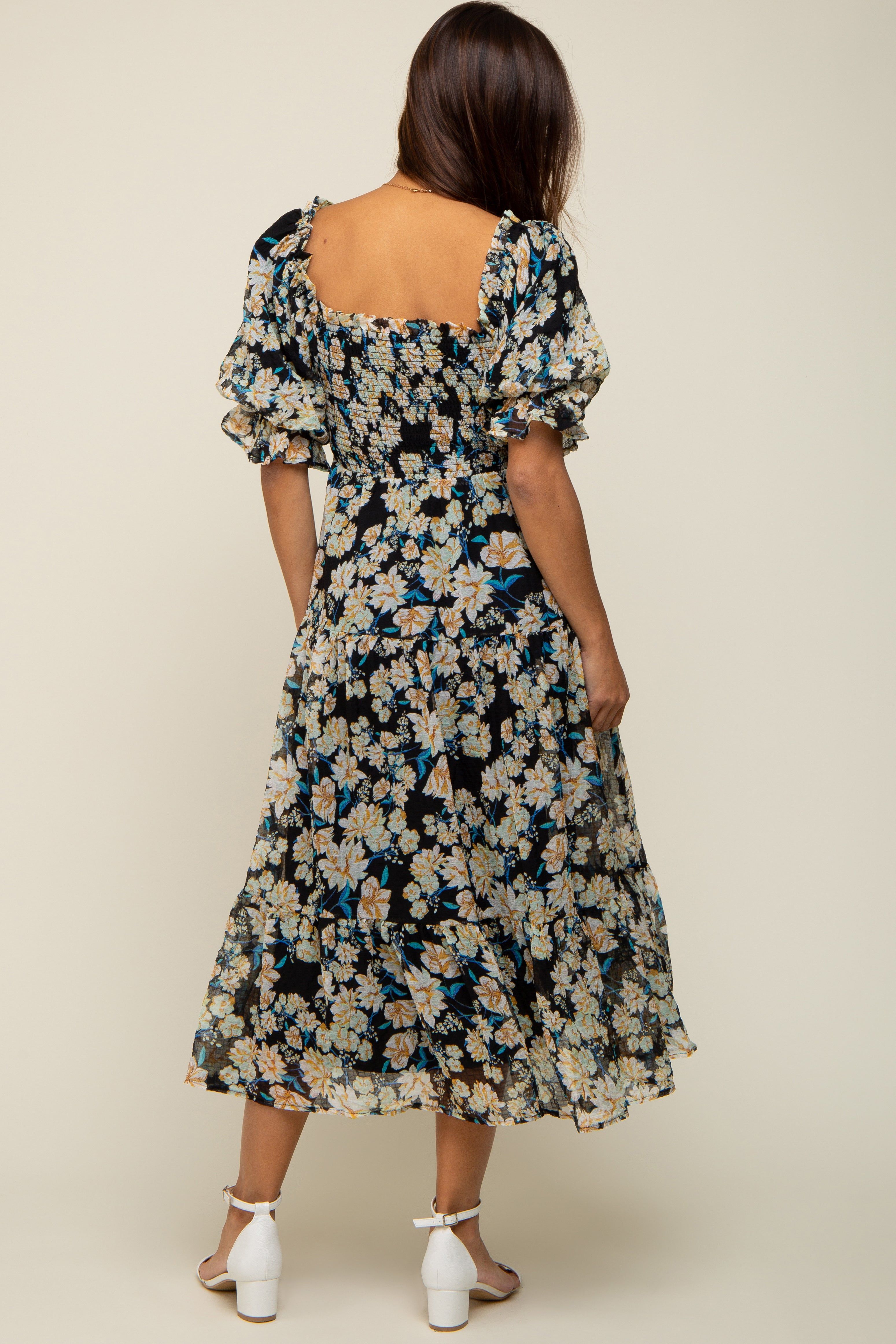 Black Floral Puff Sleeve Maternity Midi Dress sold by Pinkblush product image thumbnail 4