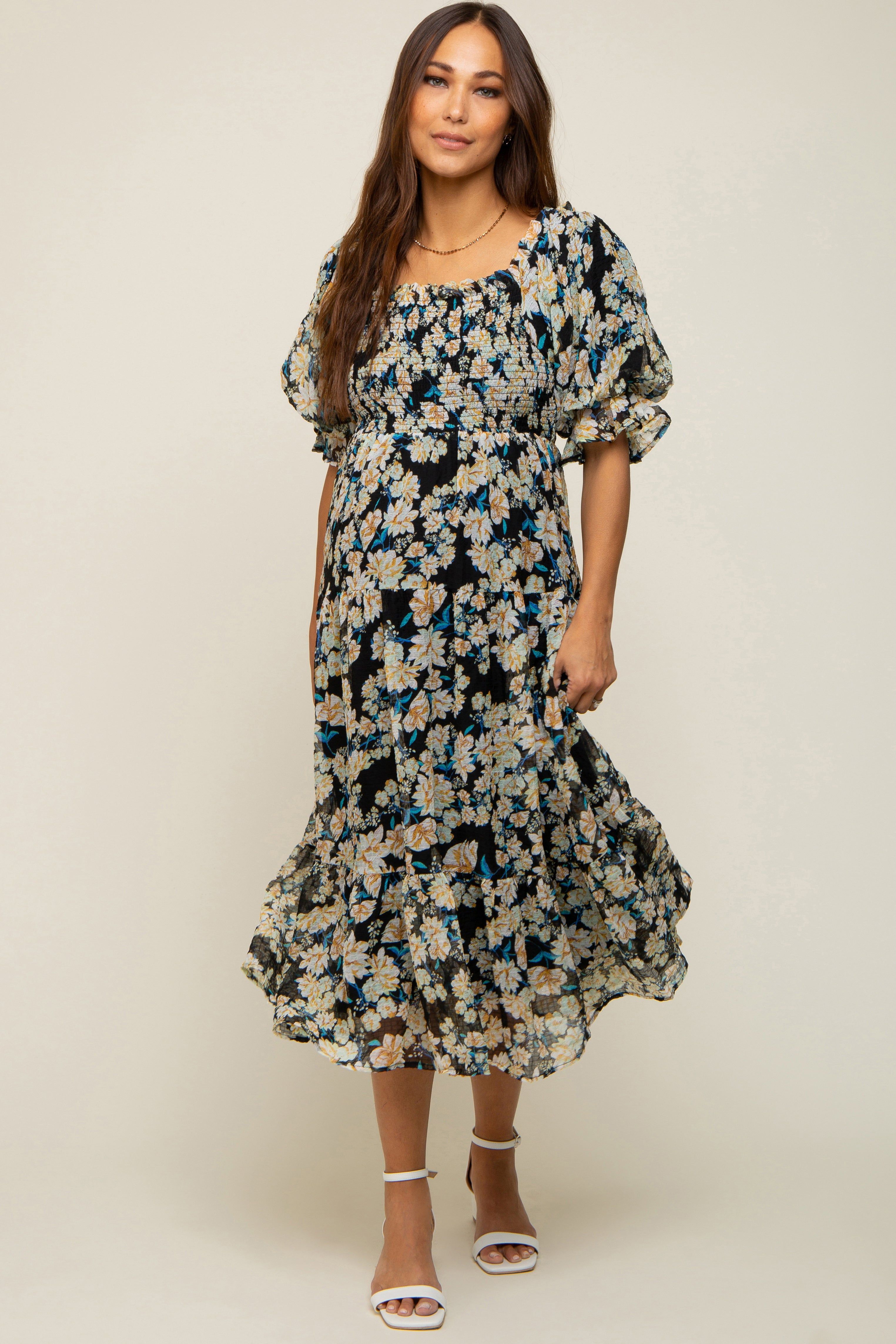 Black Floral Puff Sleeve Maternity Midi Dress sold by Pinkblush
