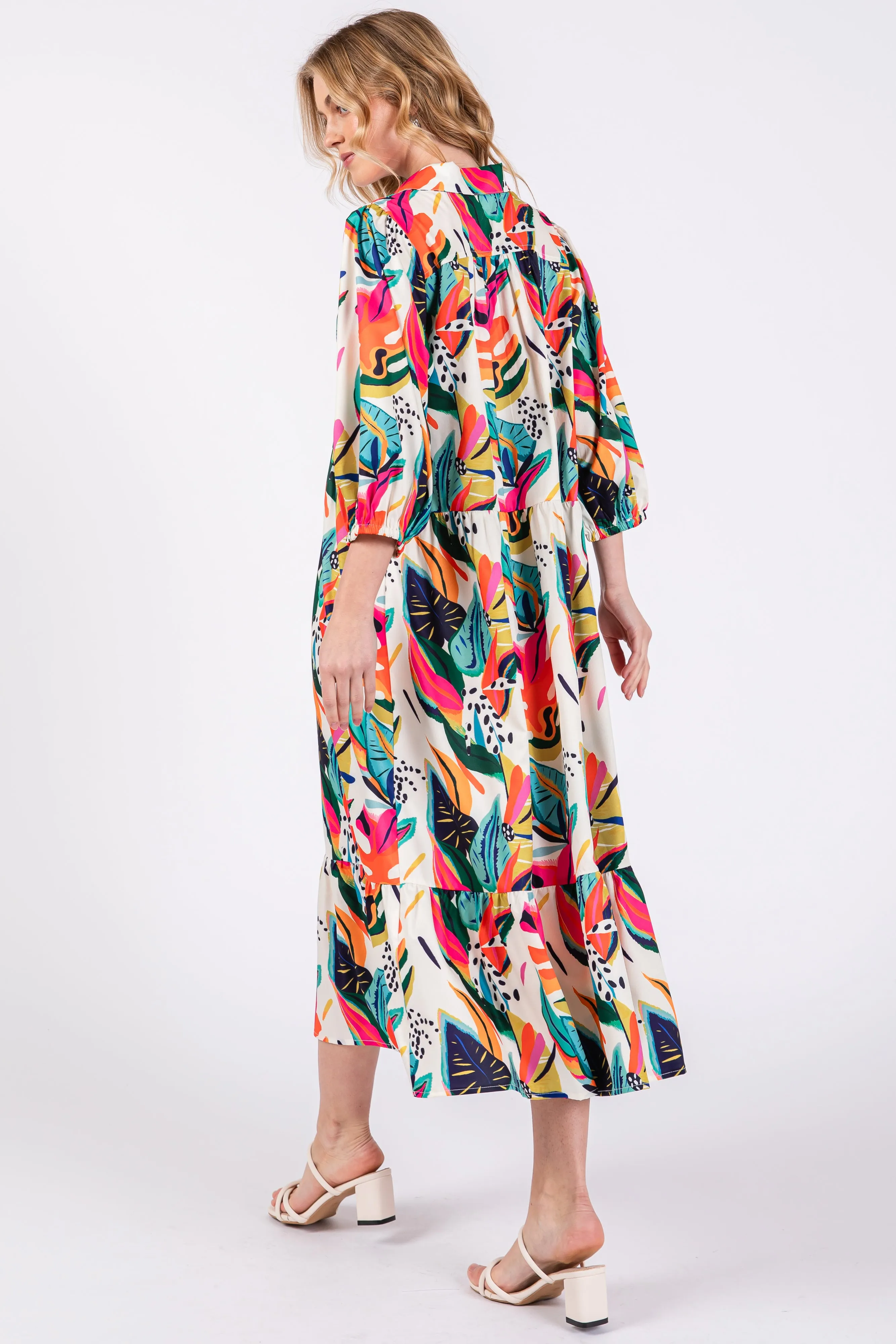 Cream Leaf Print Half Length Sleeve Midi Dress sold by Pinkblush product image thumbnail 3