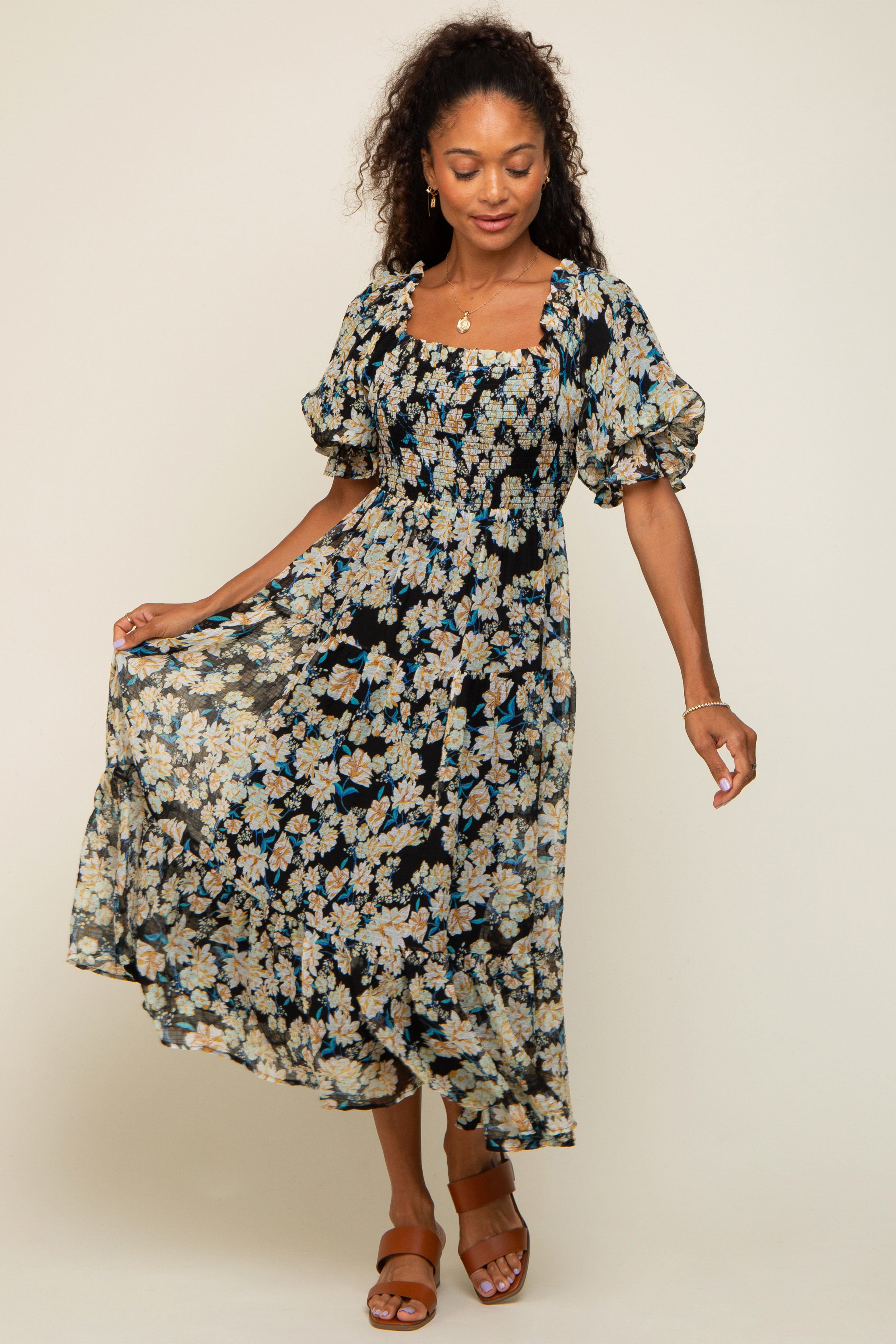 Black Floral Puff Sleeve Maternity Midi Dress sold by Pinkblush product image thumbnail 5