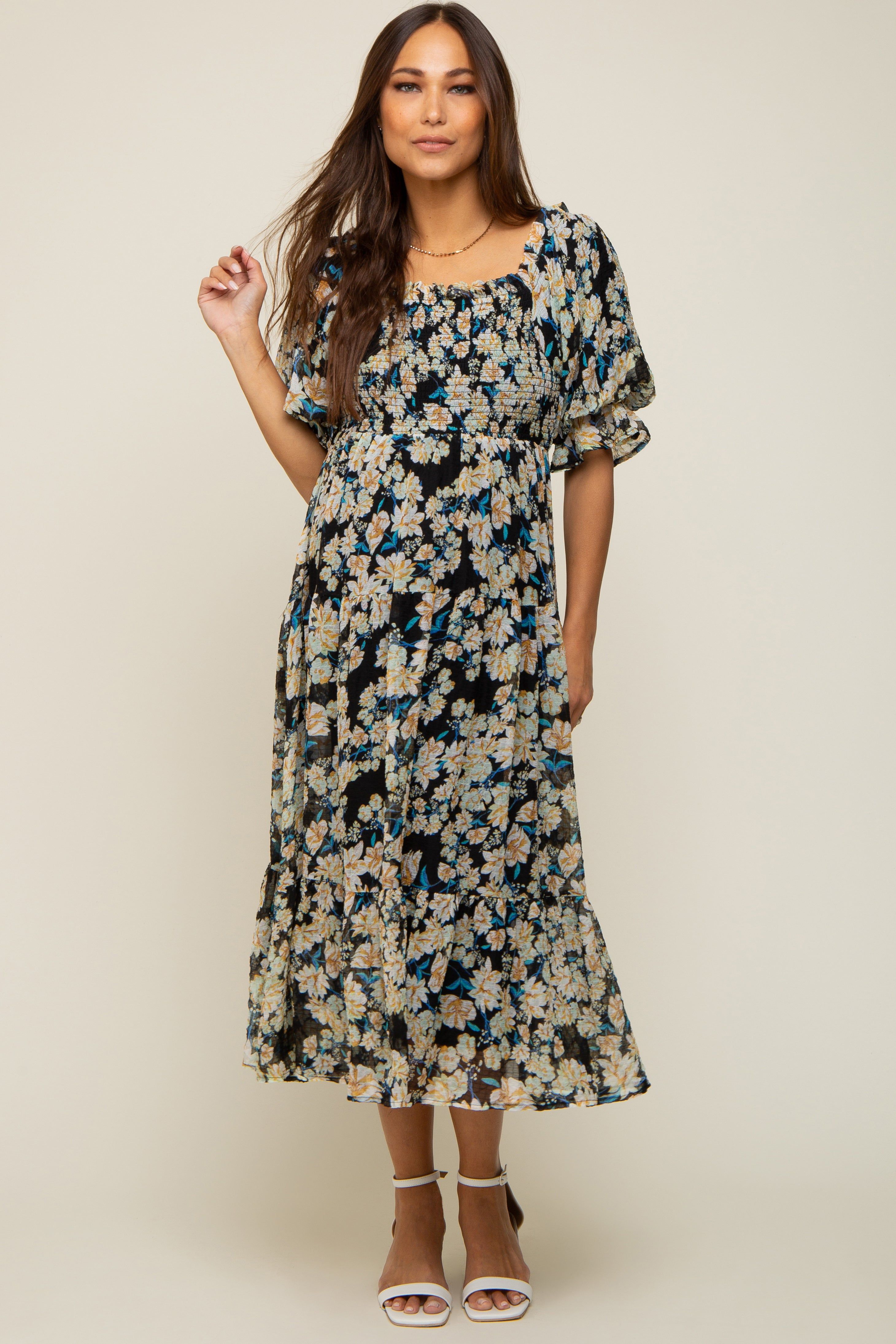 Black Floral Puff Sleeve Maternity Midi Dress sold by Pinkblush product image thumbnail 2