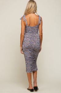 Blue Floral Ruched Shoulder Tie Maternity Midi Dress sold by Pinkblush