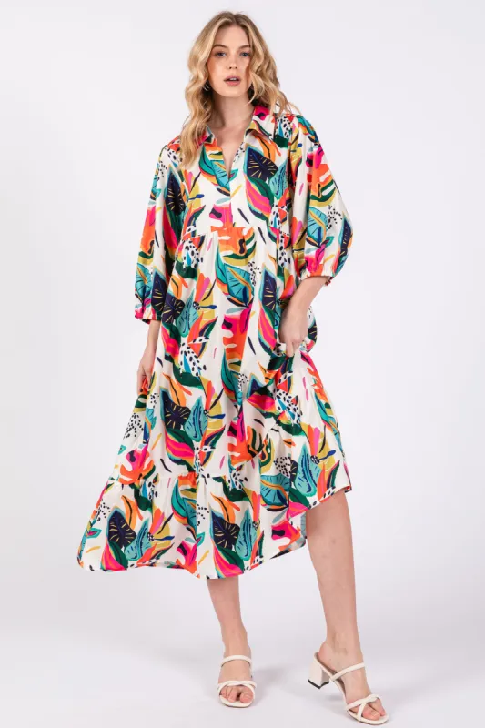 Cream Leaf Print Half Length Sleeve Midi Dress sold by Pinkblush