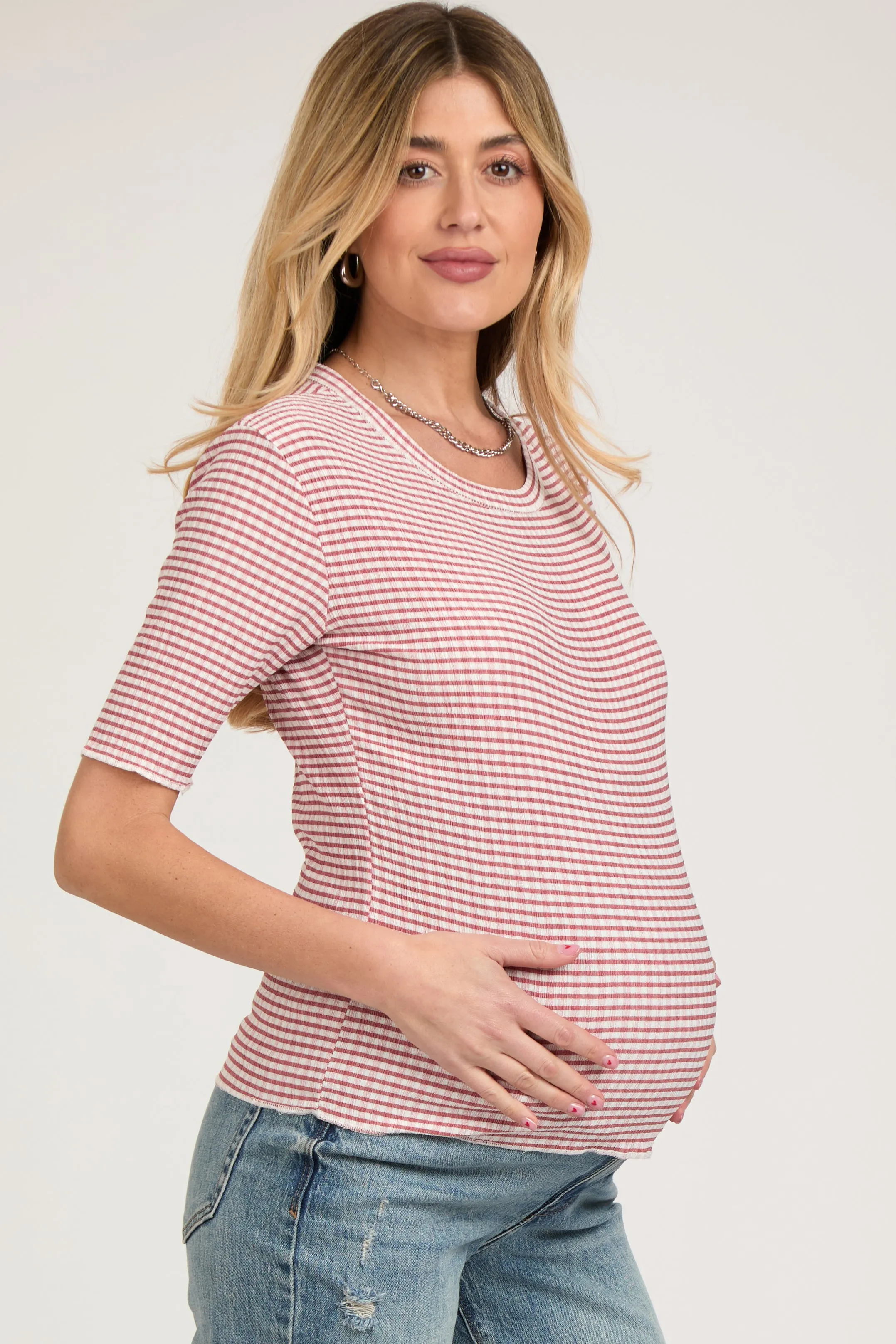 Rust Striped Short Sleeve Maternity Top sold by Pinkblush product image thumbnail 2