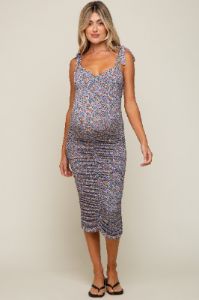 Blue Floral Ruched Shoulder Tie Maternity Midi Dress sold by Pinkblush