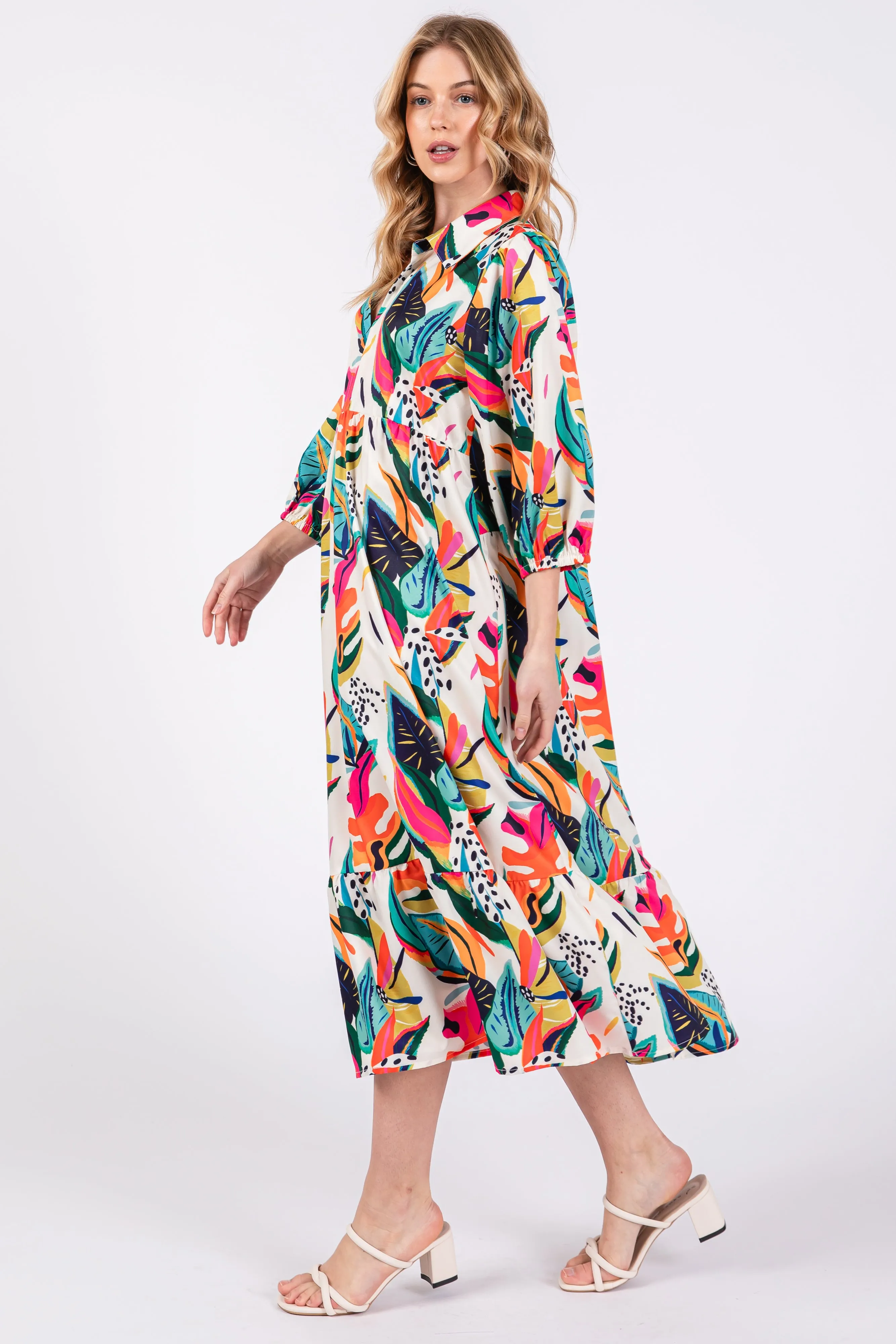 Cream Leaf Print Half Length Sleeve Midi Dress sold by Pinkblush product image thumbnail 2