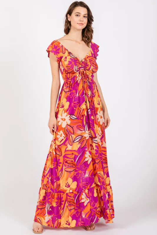Coral Floral Smocked Off Shoulder Maxi Dress sold by Pinkblush