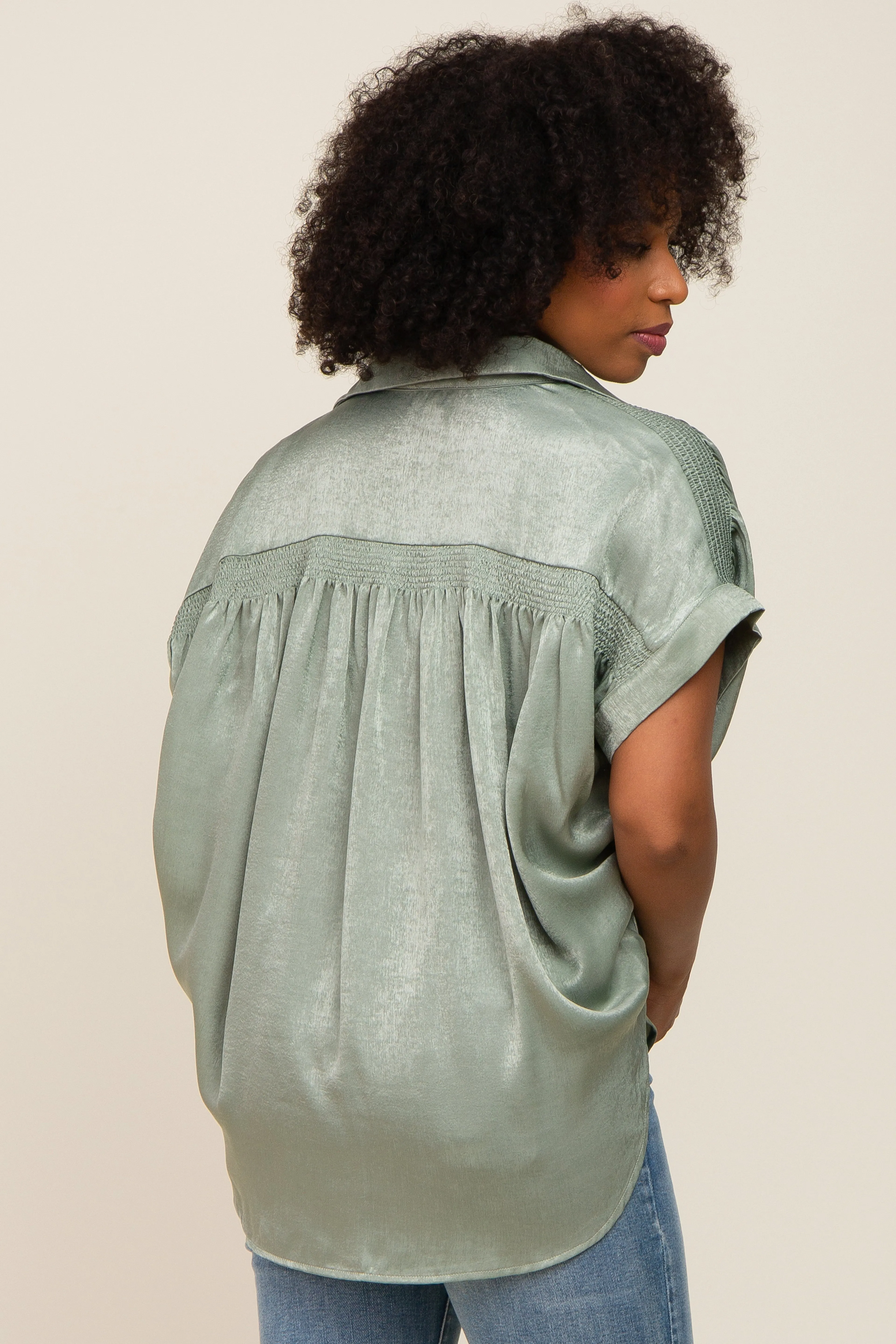 Olive Satin Button Down Smocked Accent Top sold by Pinkblush product image thumbnail 3