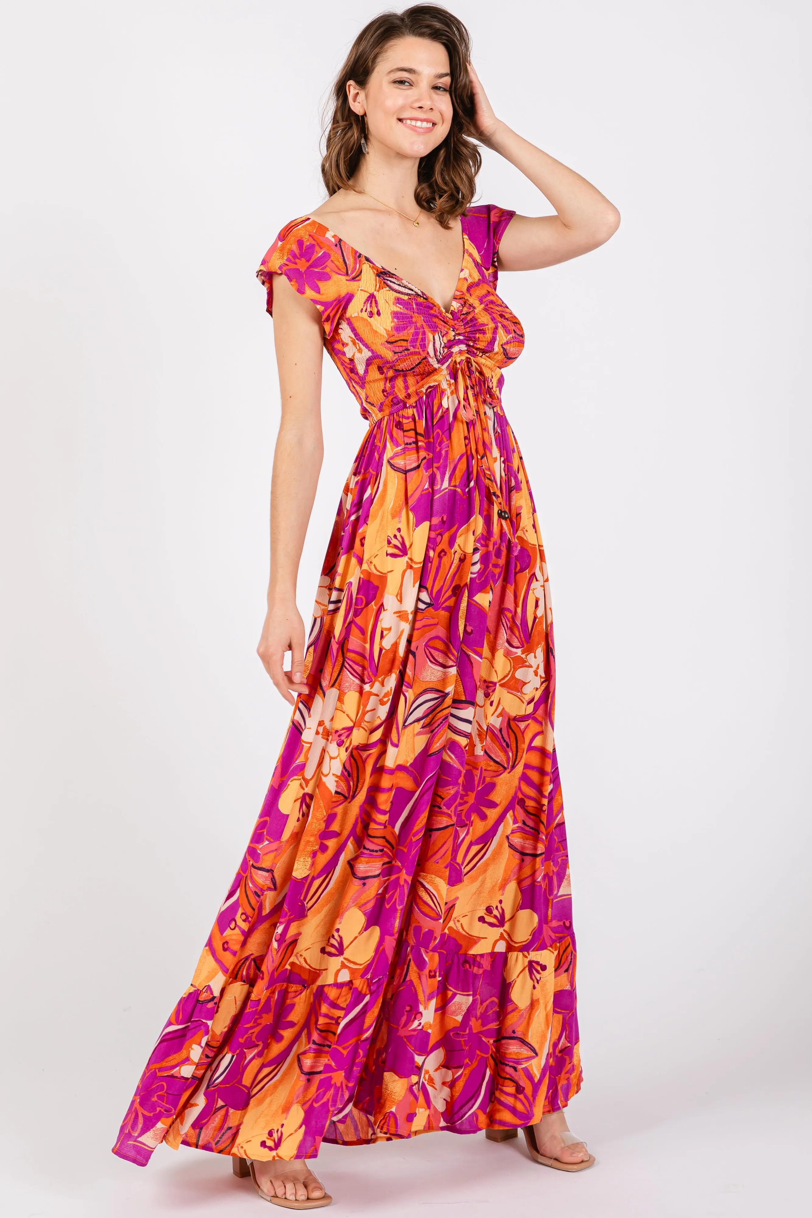 Coral Floral Smocked Off Shoulder Maxi Dress sold by Pinkblush product image thumbnail 2
