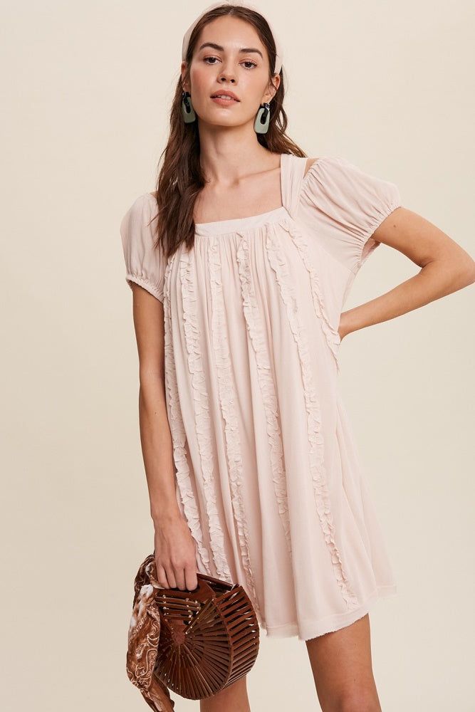Light Blush Square Neck Puff Sleeve Flowy Dress sold by Pinkblush