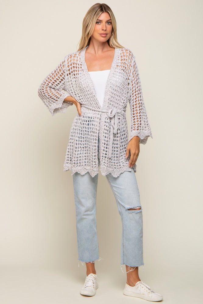 Light Grey Open Knit Waist Tie Cardigan sold by Pinkblush product image thumbnail 4