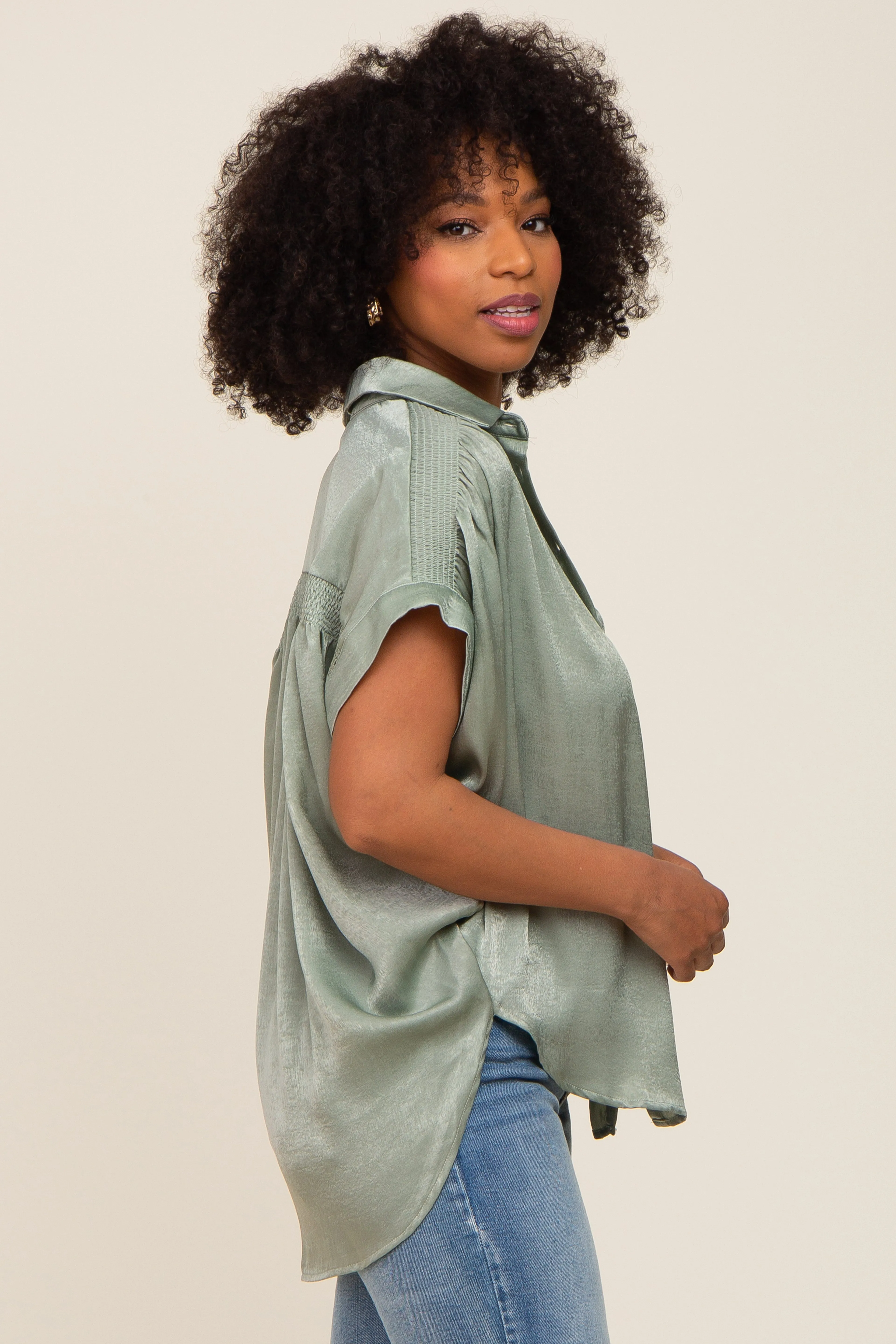 Olive Satin Button Down Smocked Accent Top sold by Pinkblush product image thumbnail 2