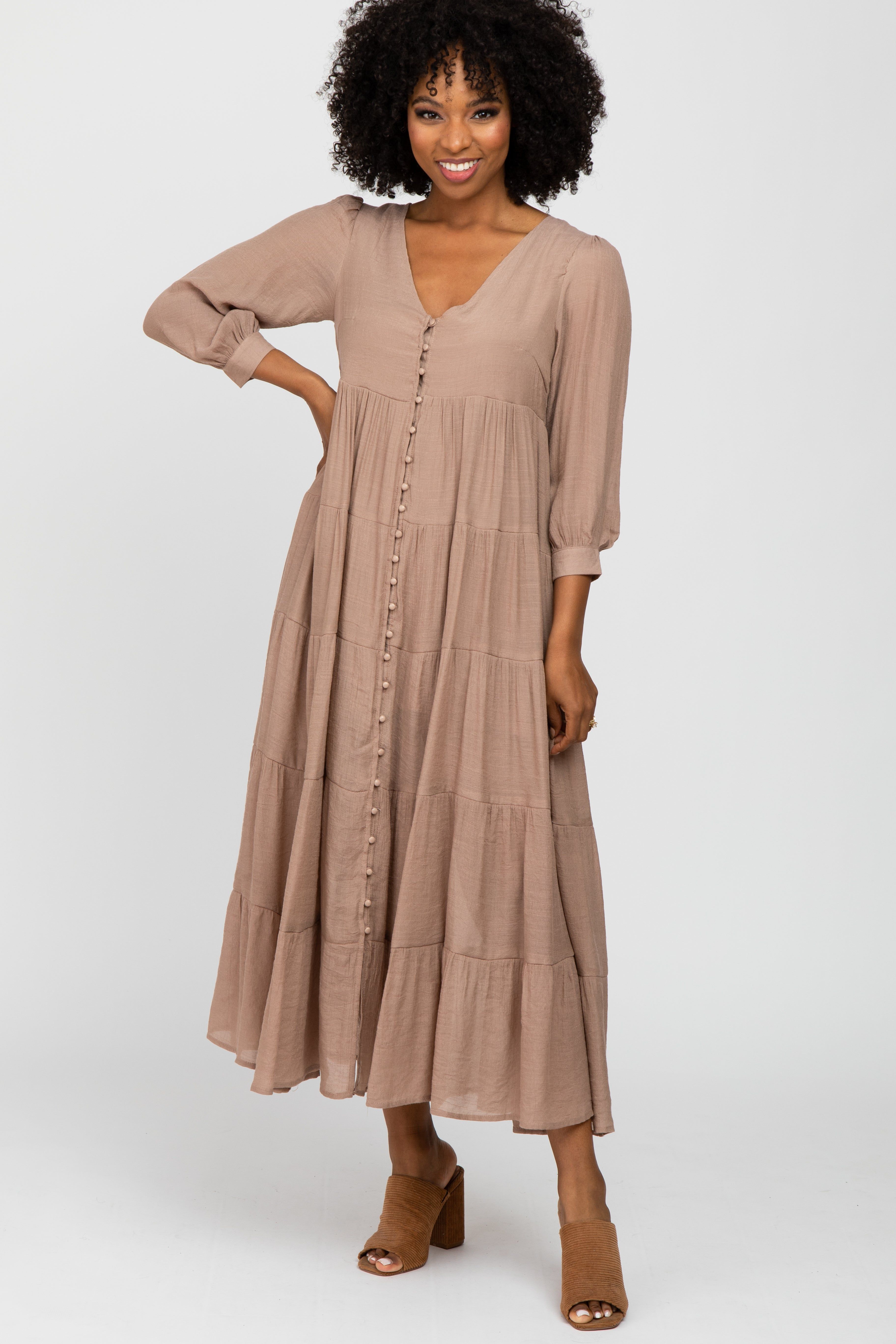 Mocha Button Front Tiered Maxi Dress sold by Pinkblush