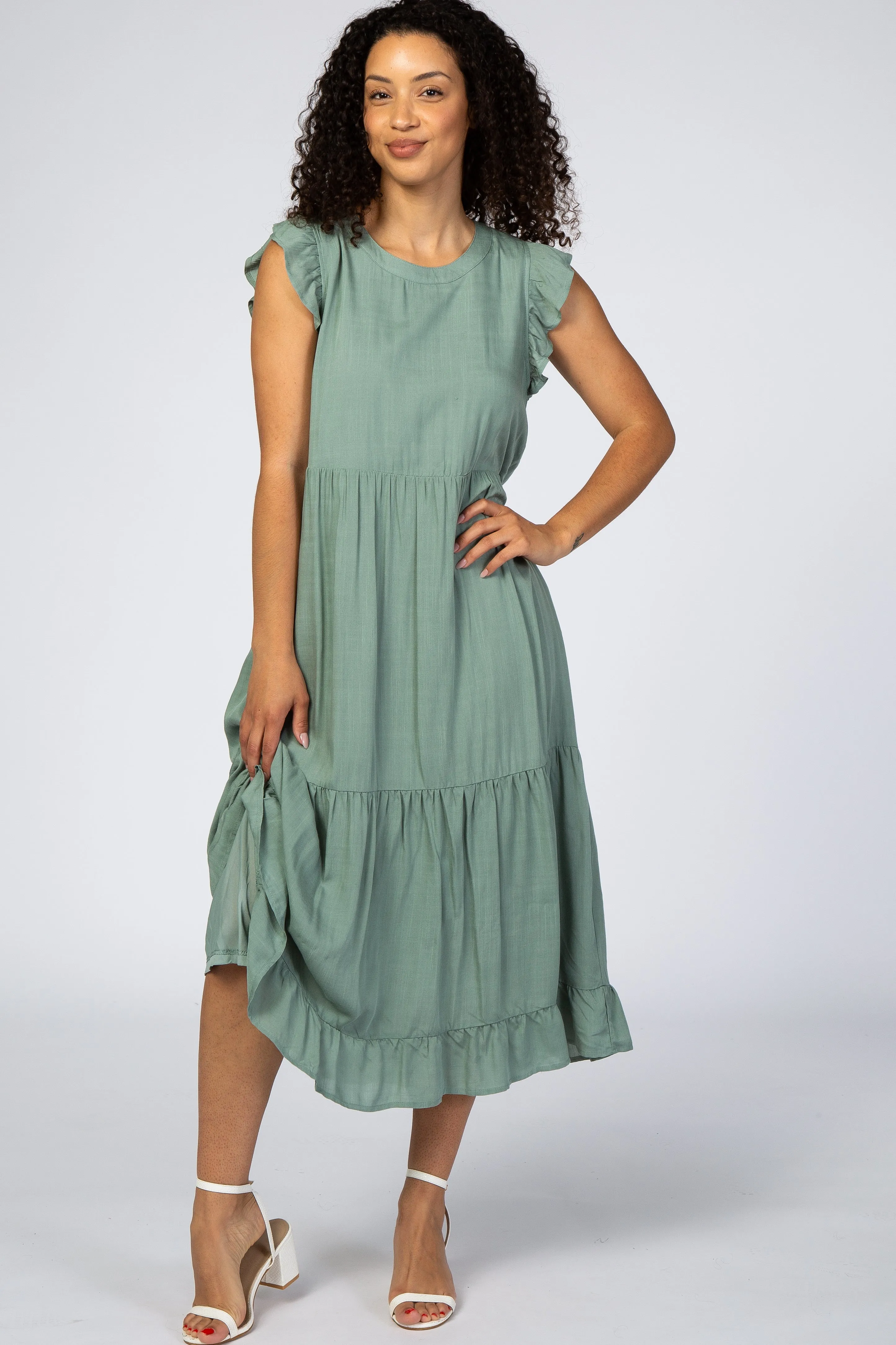 Sage Ruffle Sleeve Tiered Maternity Midi Dress sold by Pinkblush product image thumbnail 5
