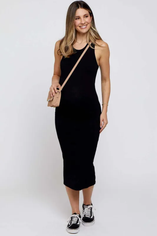 Black Sleeveless Ribbed Fitted Maternity Midi Dress sold by Pinkblush
