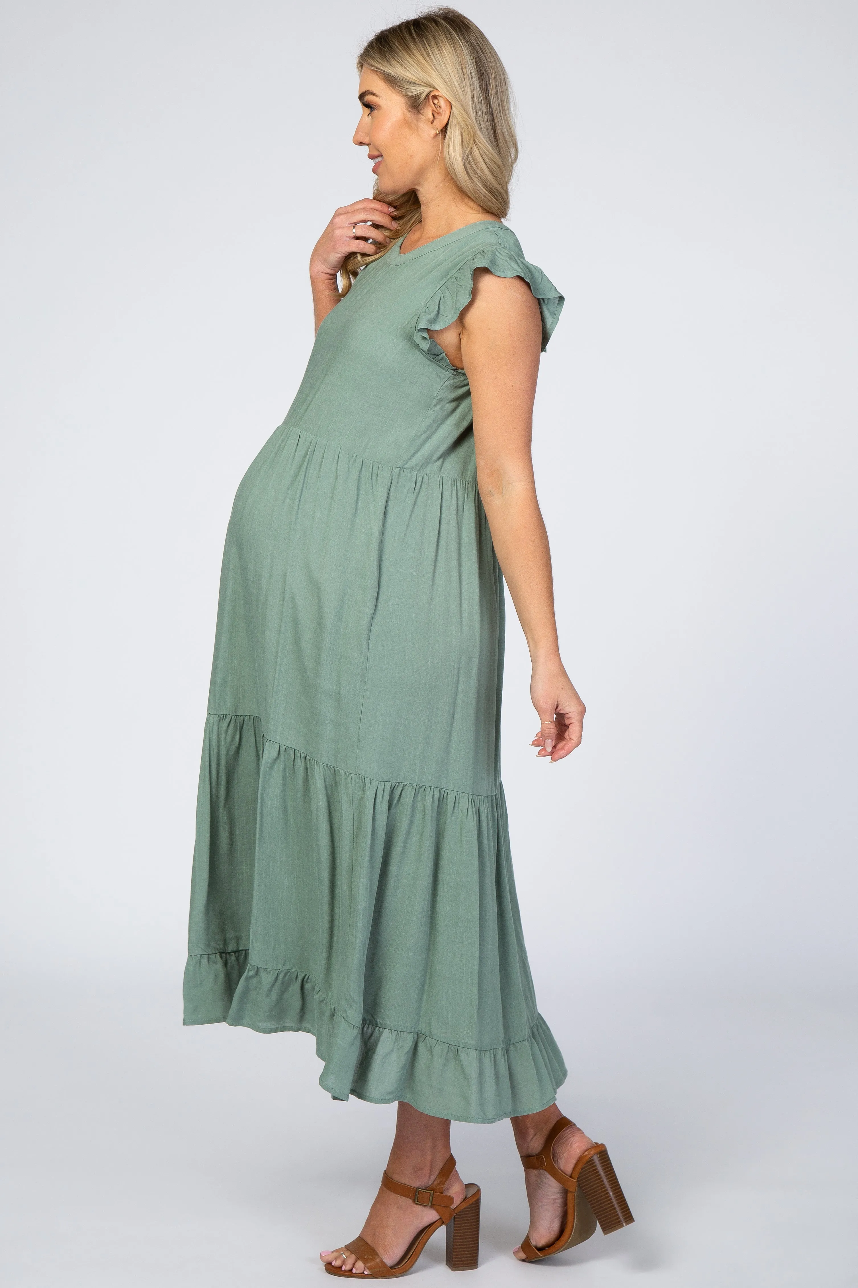 Sage Ruffle Sleeve Tiered Maternity Midi Dress sold by Pinkblush product image thumbnail 2