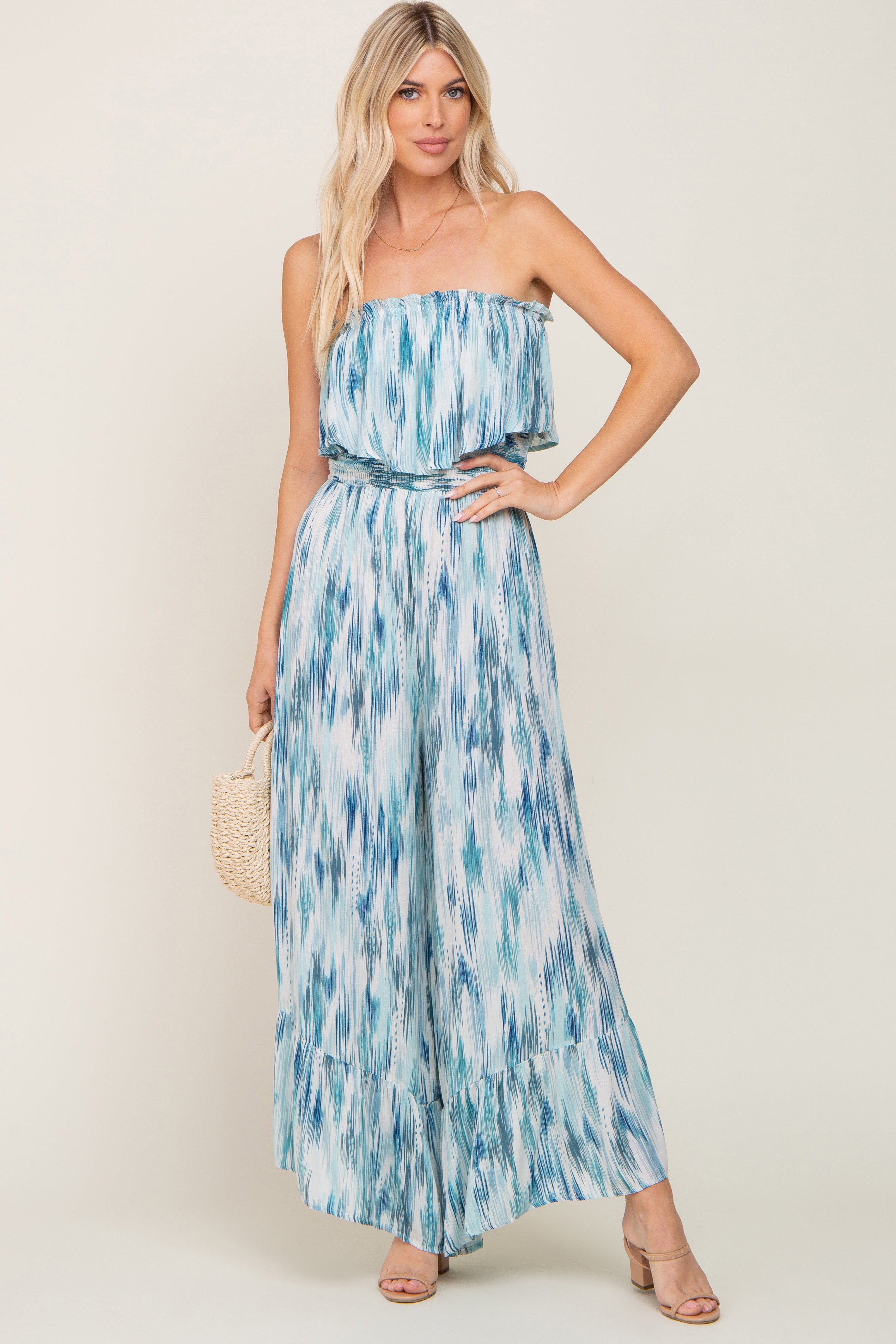 Blue Printed Sleeveless Flounce Jumpsuit sold by Pinkblush