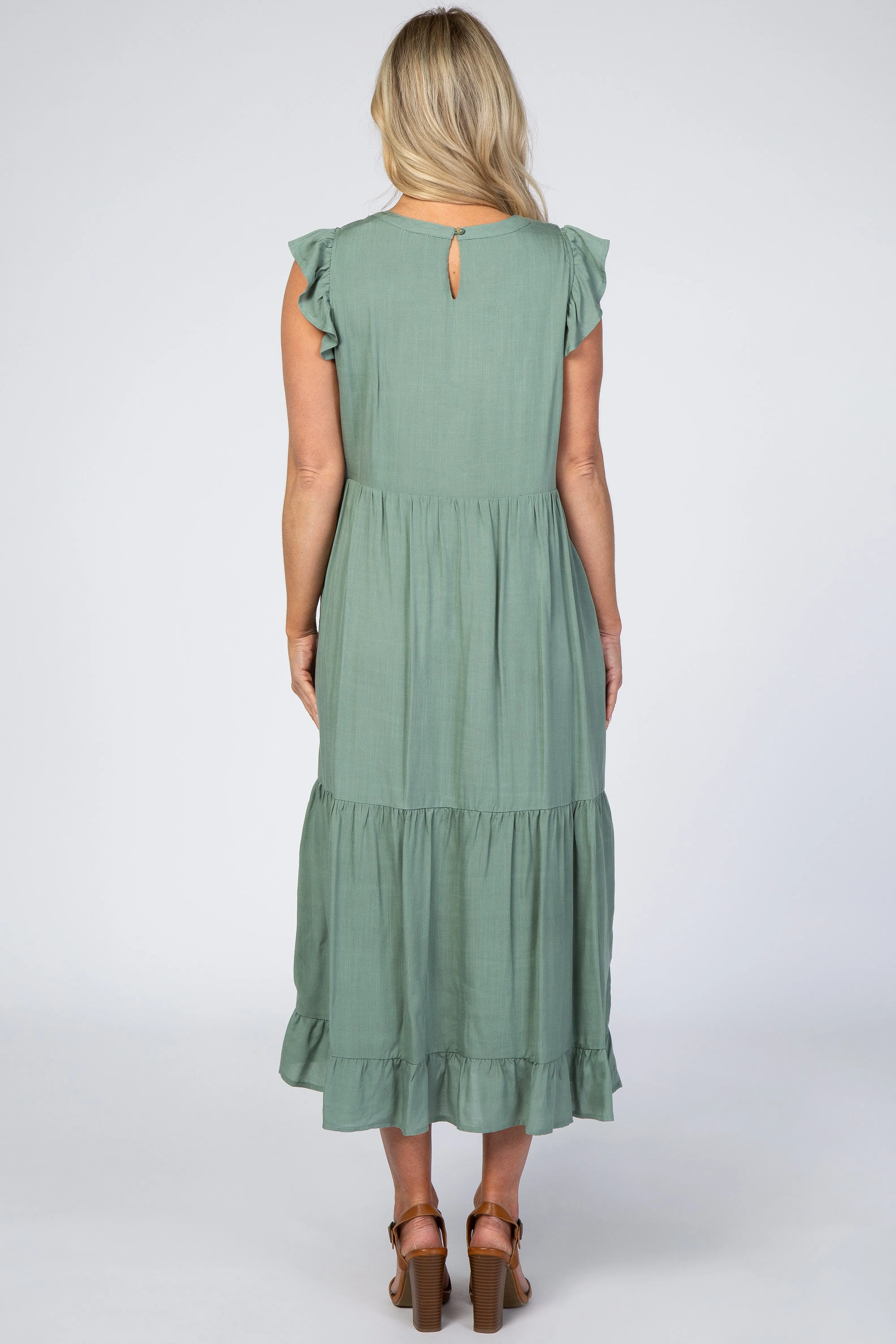 Sage Ruffle Sleeve Tiered Maternity Midi Dress sold by Pinkblush product image thumbnail 3