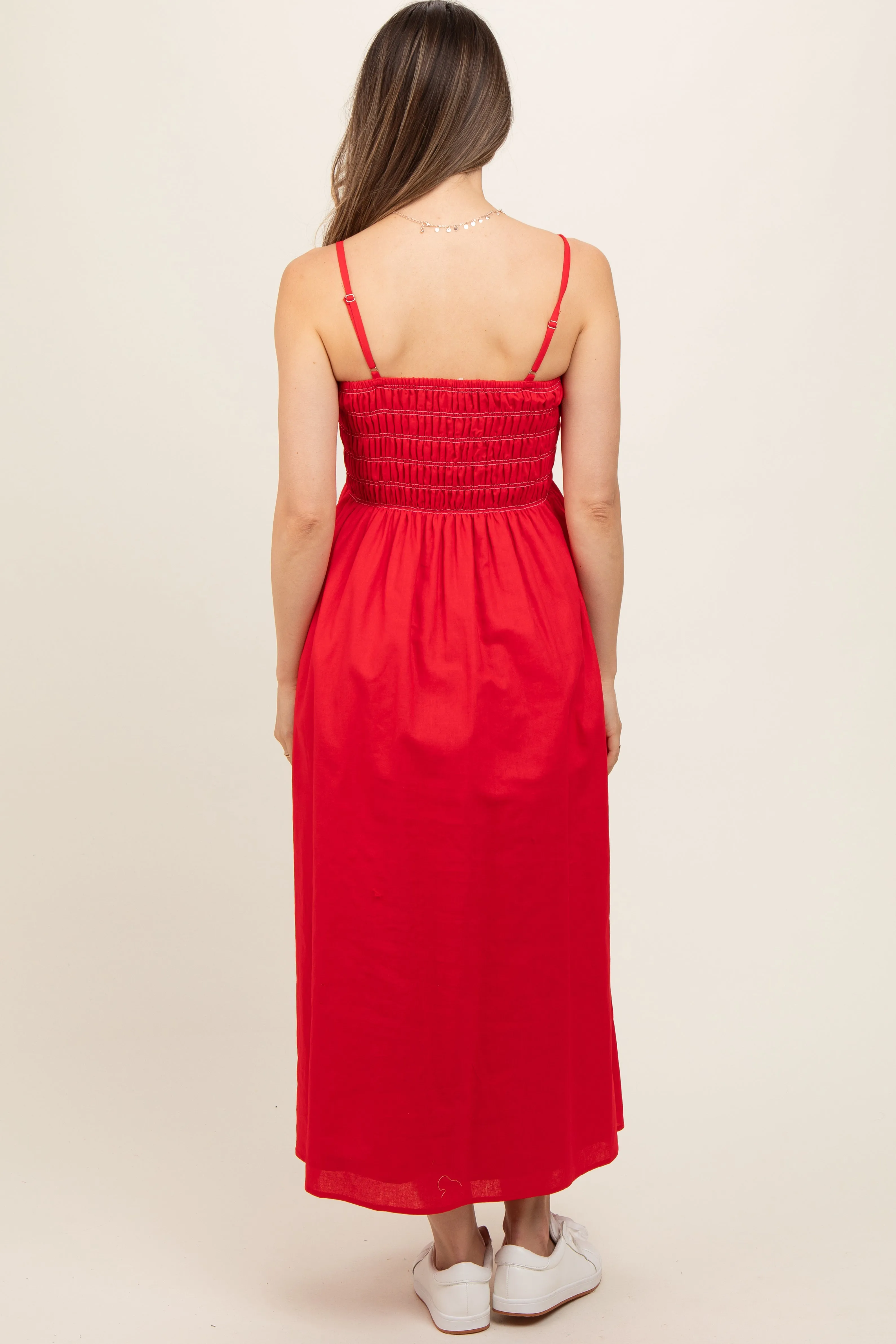 Red Bartlett Striped Smocked Maternity Midi Dress sold by Pinkblush product image thumbnail 4