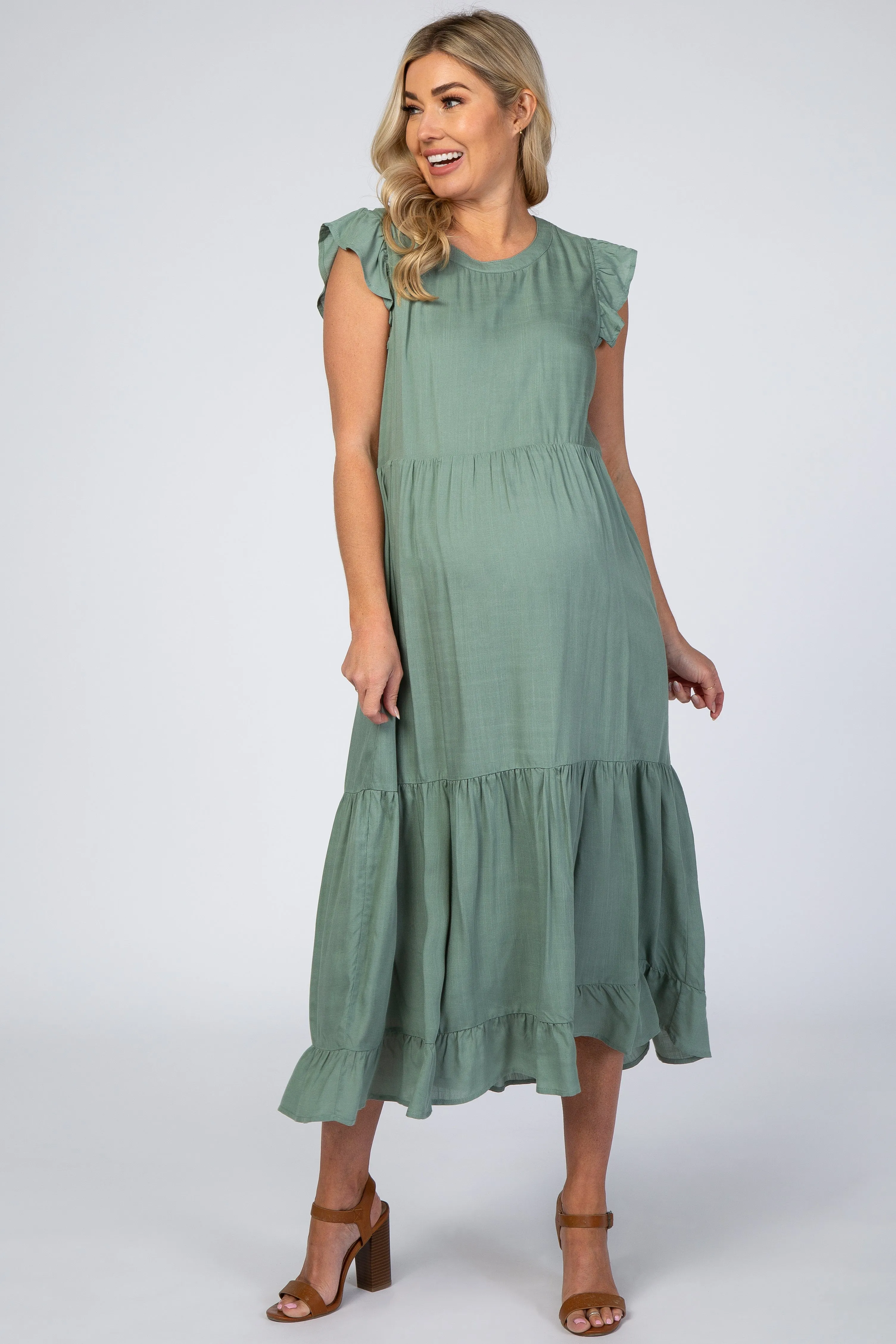 Sage Ruffle Sleeve Tiered Maternity Midi Dress sold by Pinkblush