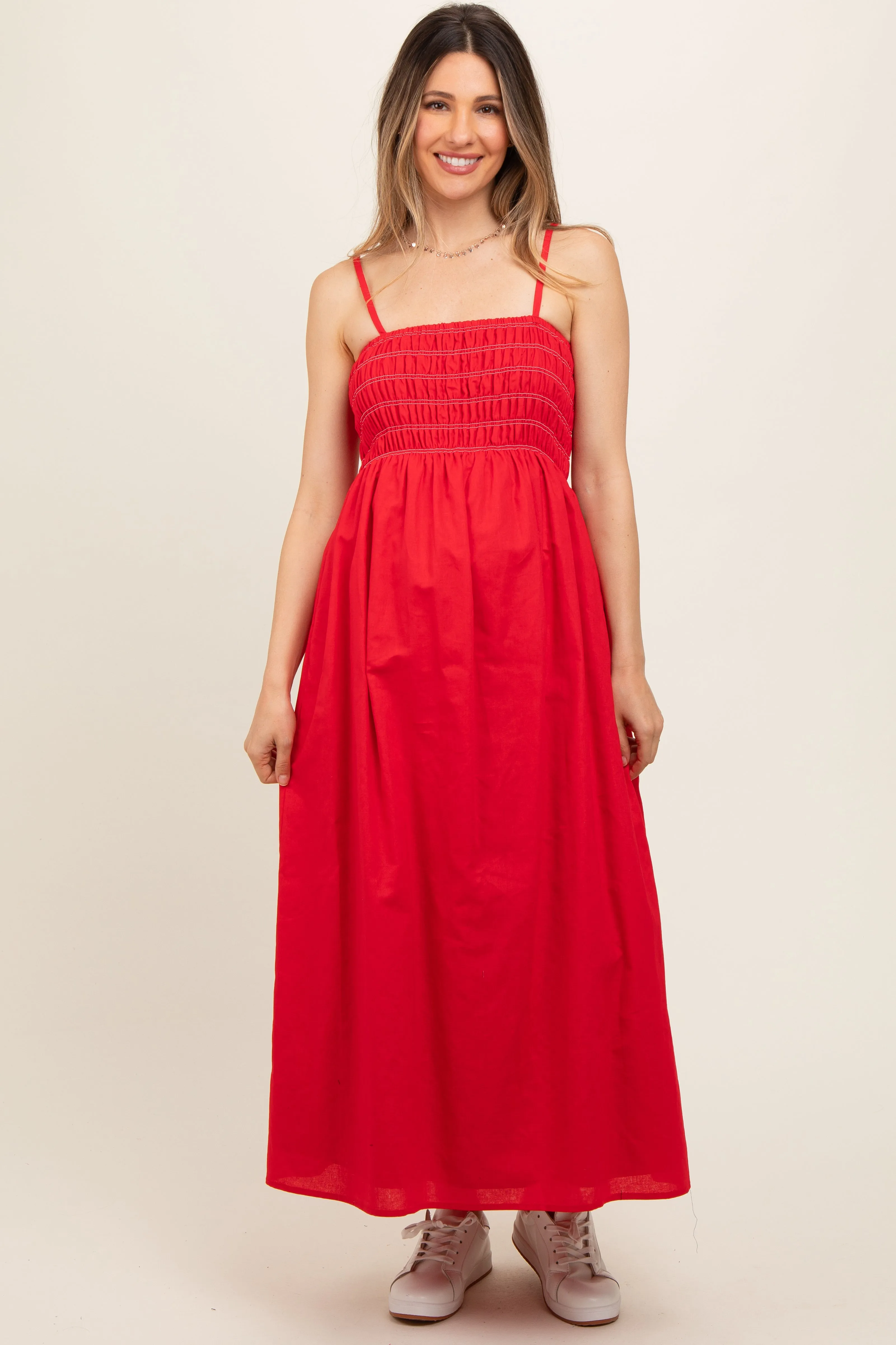 Red Bartlett Striped Smocked Maternity Midi Dress sold by Pinkblush product image thumbnail 2