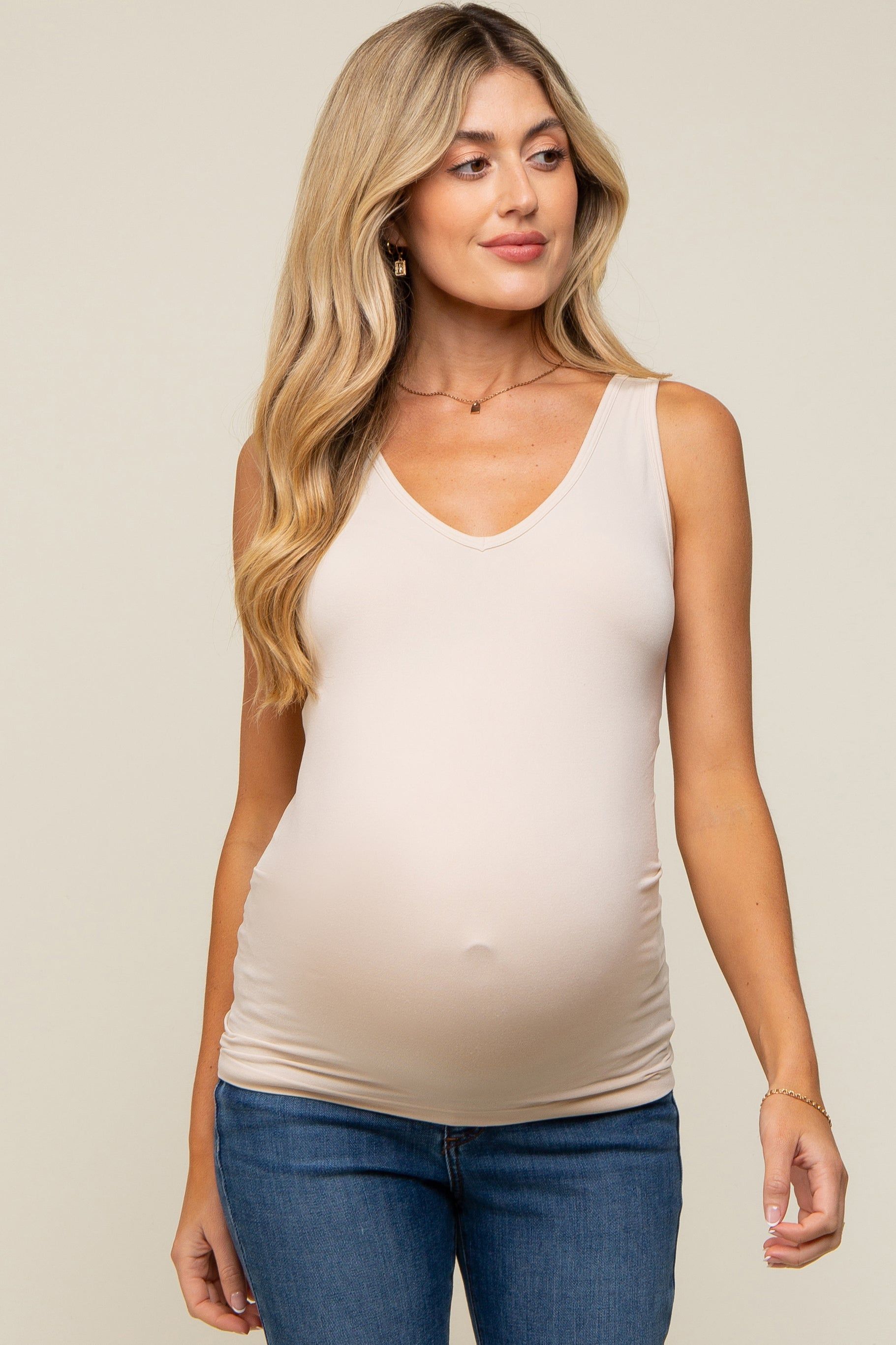 Beige Basic V-Neck Seamless Maternity Tank sold by Pinkblush