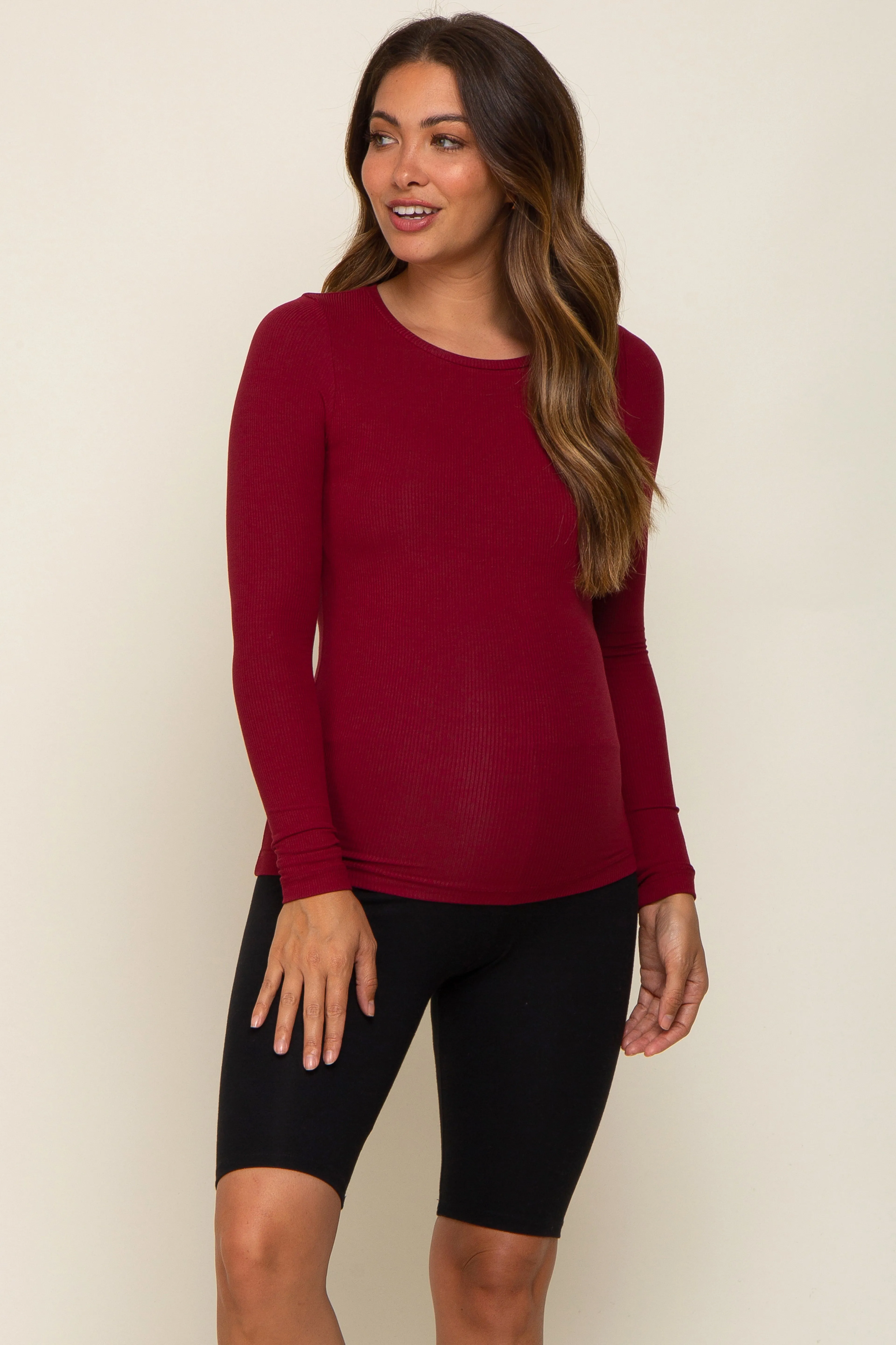 Burgundy Ribbed Long Sleeve Maternity Top sold by Pinkblush