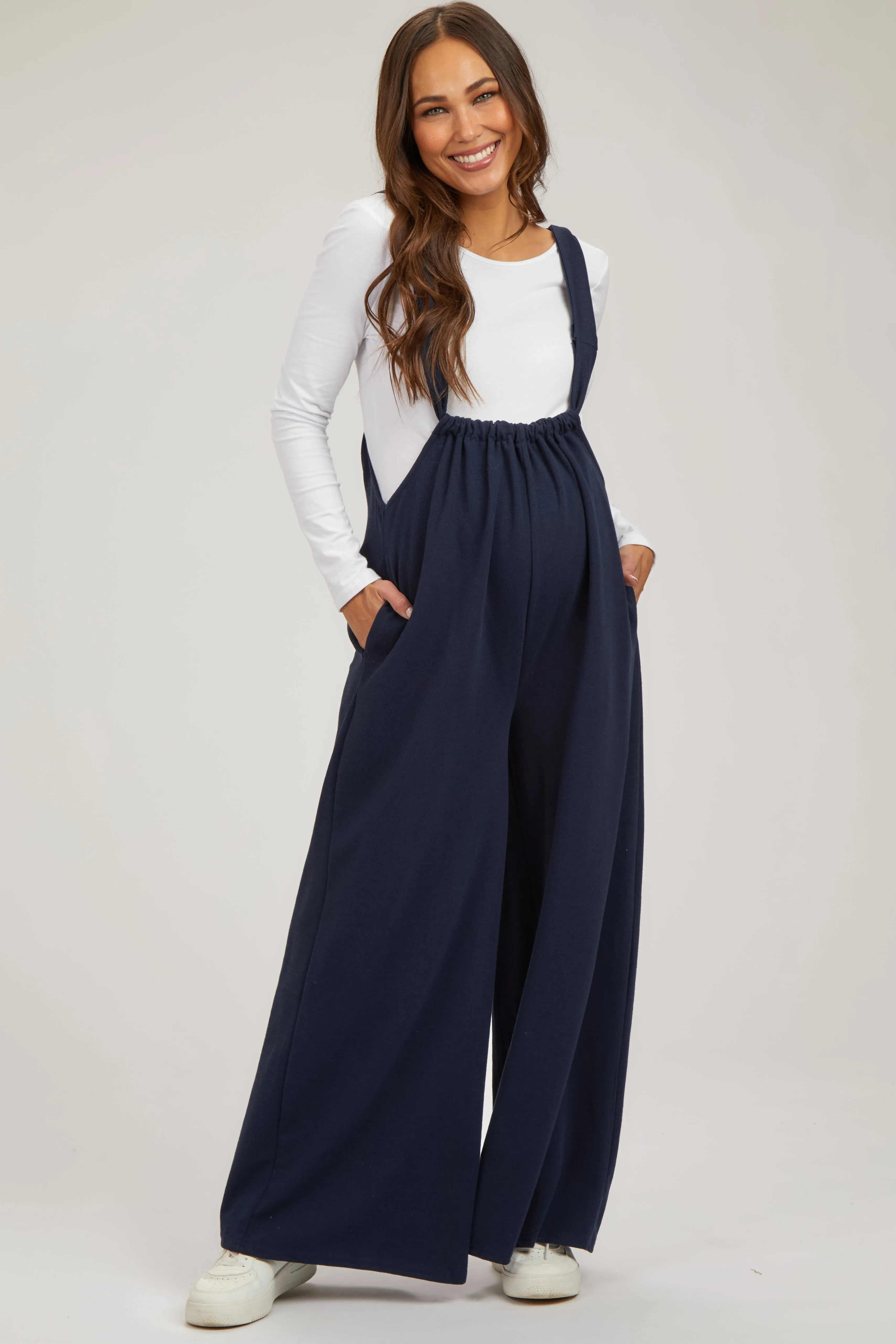 Navy Ribbed Drawstring Wide Leg Maternity Jumpsuit sold by Pinkblush