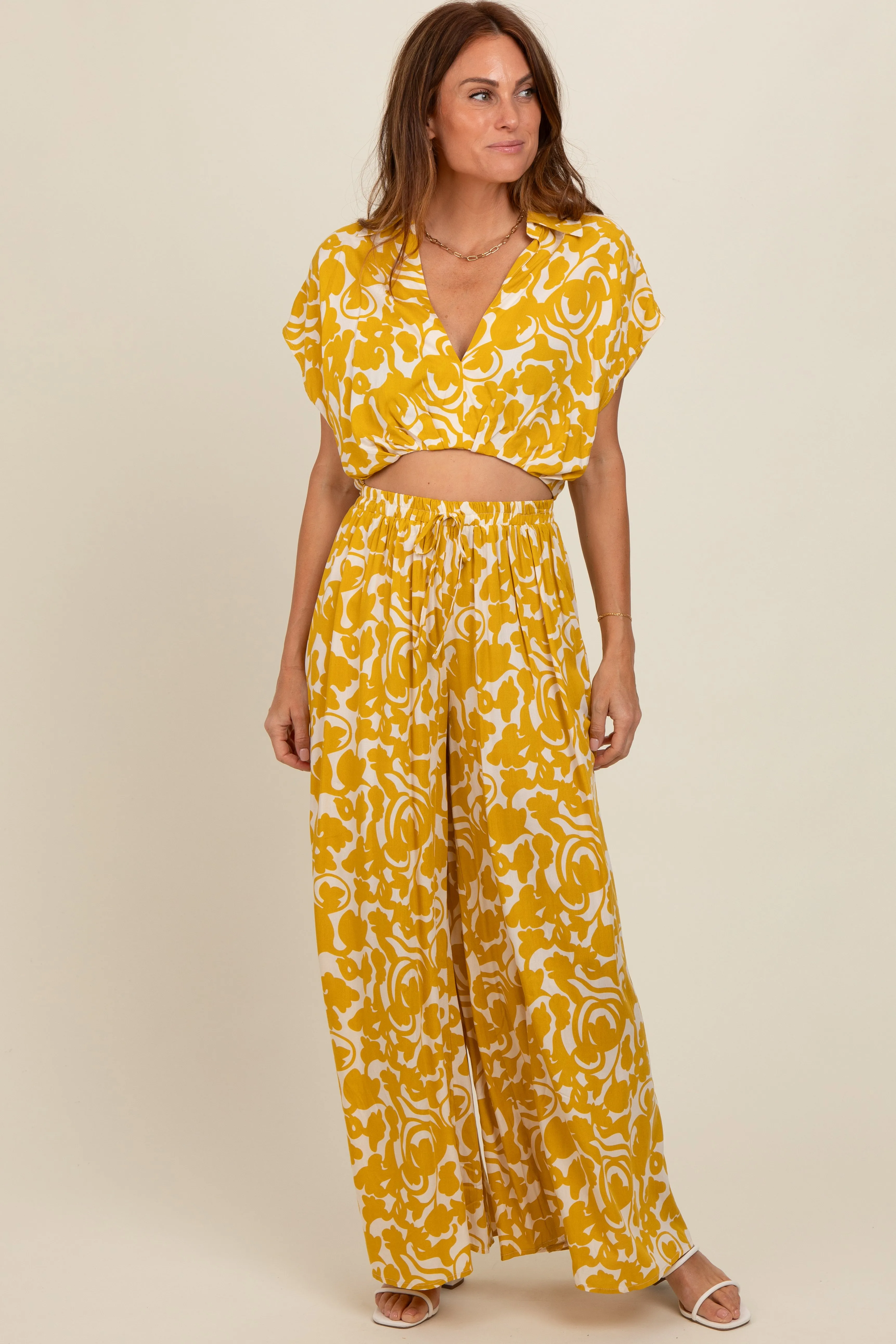Yellow Printed Crop Shirt and Pants Set sold by Pinkblush product image thumbnail 2