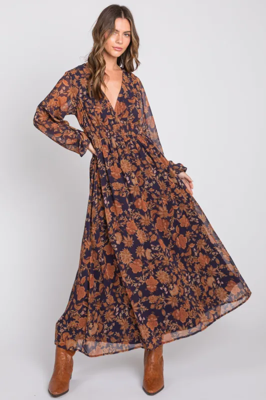 Navy Floral Long Sleeve V-Neck Maxi Dress sold by Pinkblush