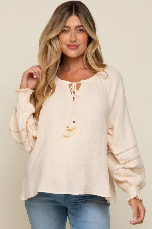 Cream Tie Front Long Sleeve Maternity Blouse sold by Pinkblush