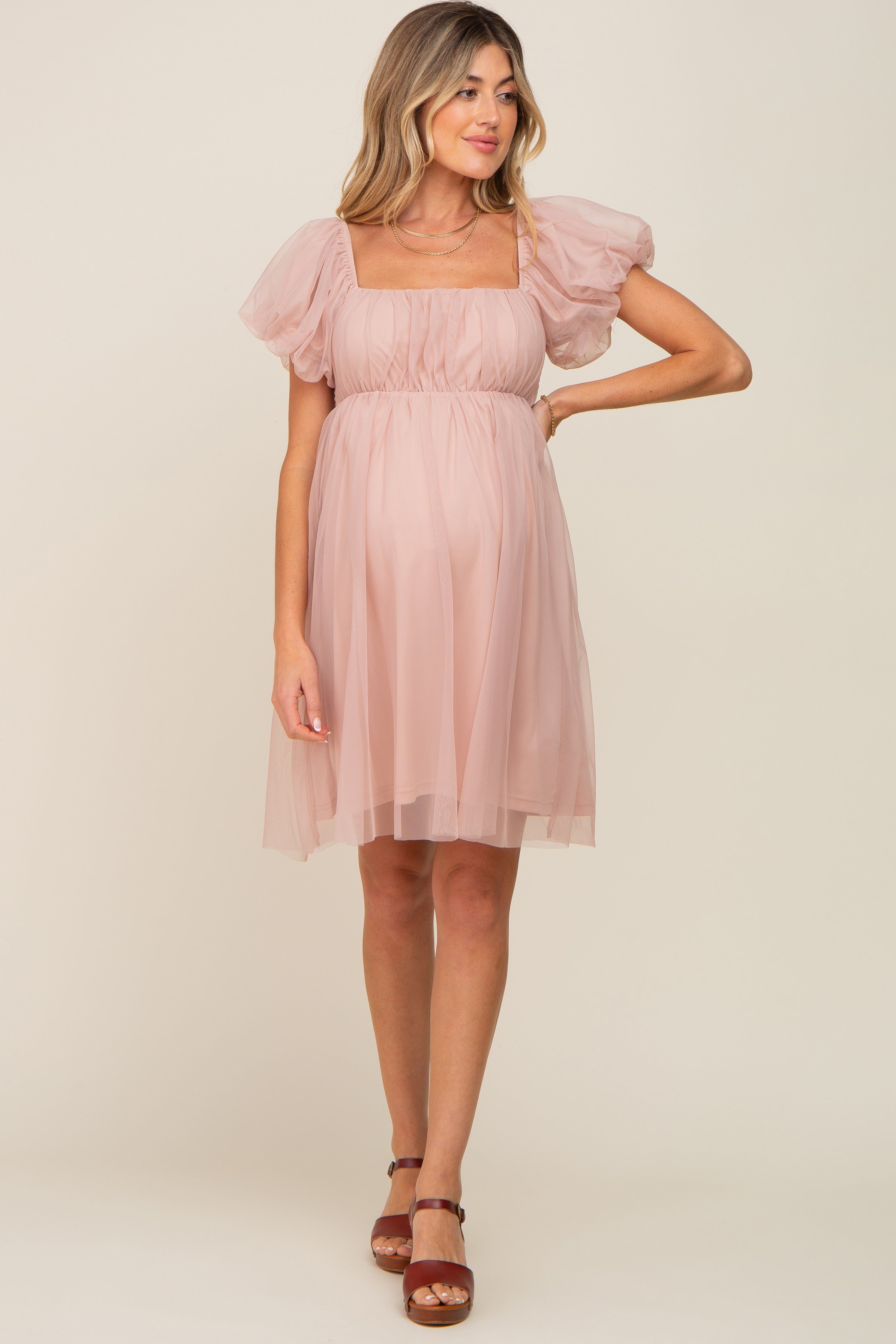 Light Mauve Tulle Puff Sleeve Maternity Dress sold by Pinkblush product image thumbnail 4